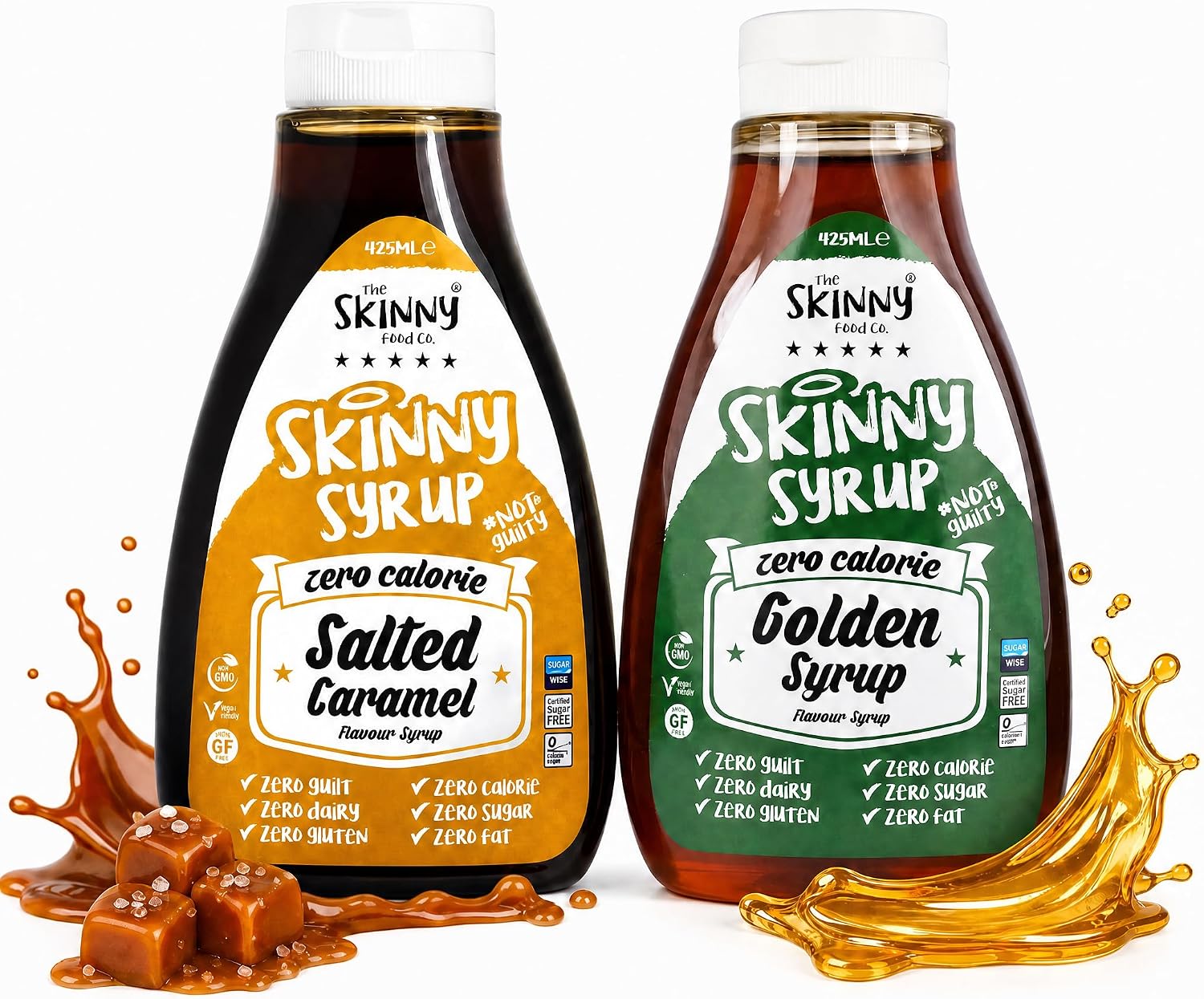 The Skinny Food Co. Syrup Twin Pack SW Salted Caramel Syrup & Golden Syrup Dessert Topping Sugar Free Zero Calories Guilt Free Sauce, Bottle 425ml