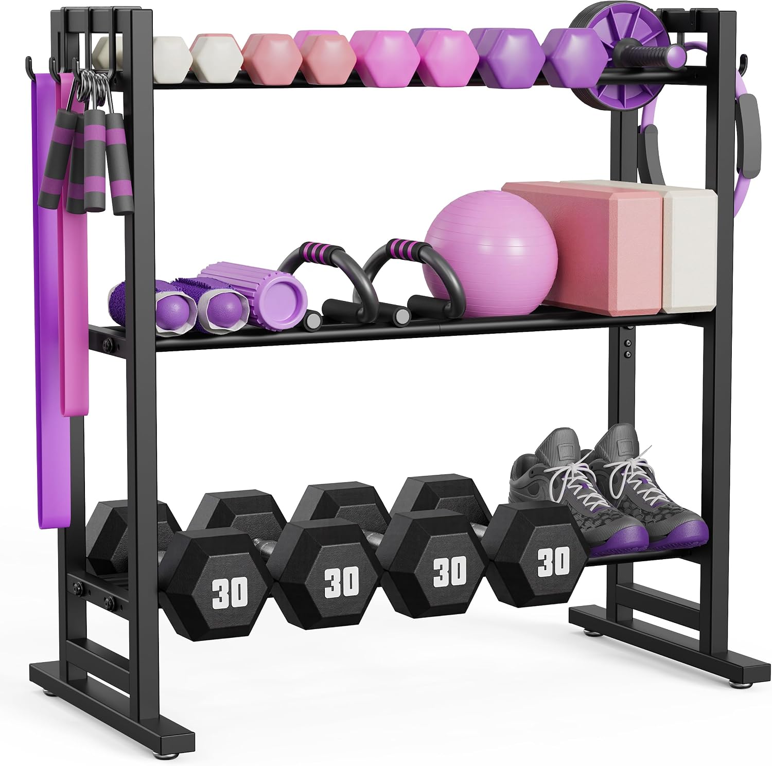 niffgaff 3 Tier Adjustable Dumbbell Rack with Extended Base & Movable Hooks, Heavy-Duty 450 lb Capacity Weight Storage Stand for Home Gym Organization (Rack Only)