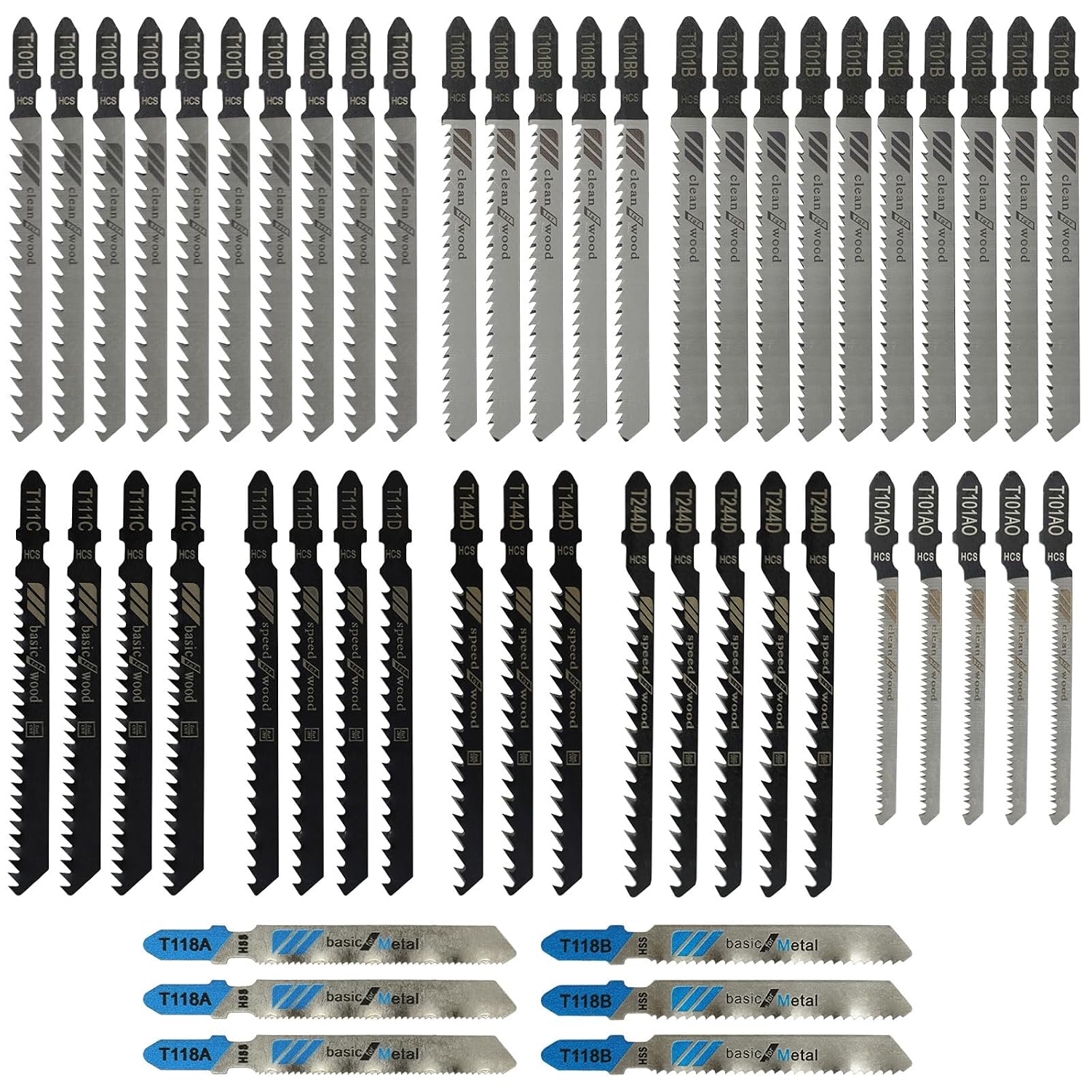 TRUEIN 52 Pcs Jigsaw Blades, High Carbon Steel Jigsaw Blades Set for Wood and Metal Cutting, Straight and Fast Cuts T-Shank Jig Saw Blade Set Compatible with Bosch, Dewalt, Makita, Milwaukee etc