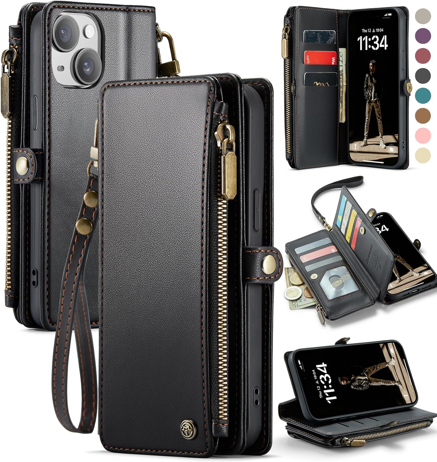 Defencase Compatible with iPhone 14 Plus Case Wallet with RFID Blocking Card Holder for Women Men, Soft PU Leather Magnetic Snap Flip Zipper Strap Wallet Phone Case Fit for iPhone 14 Plus 6.7", Black