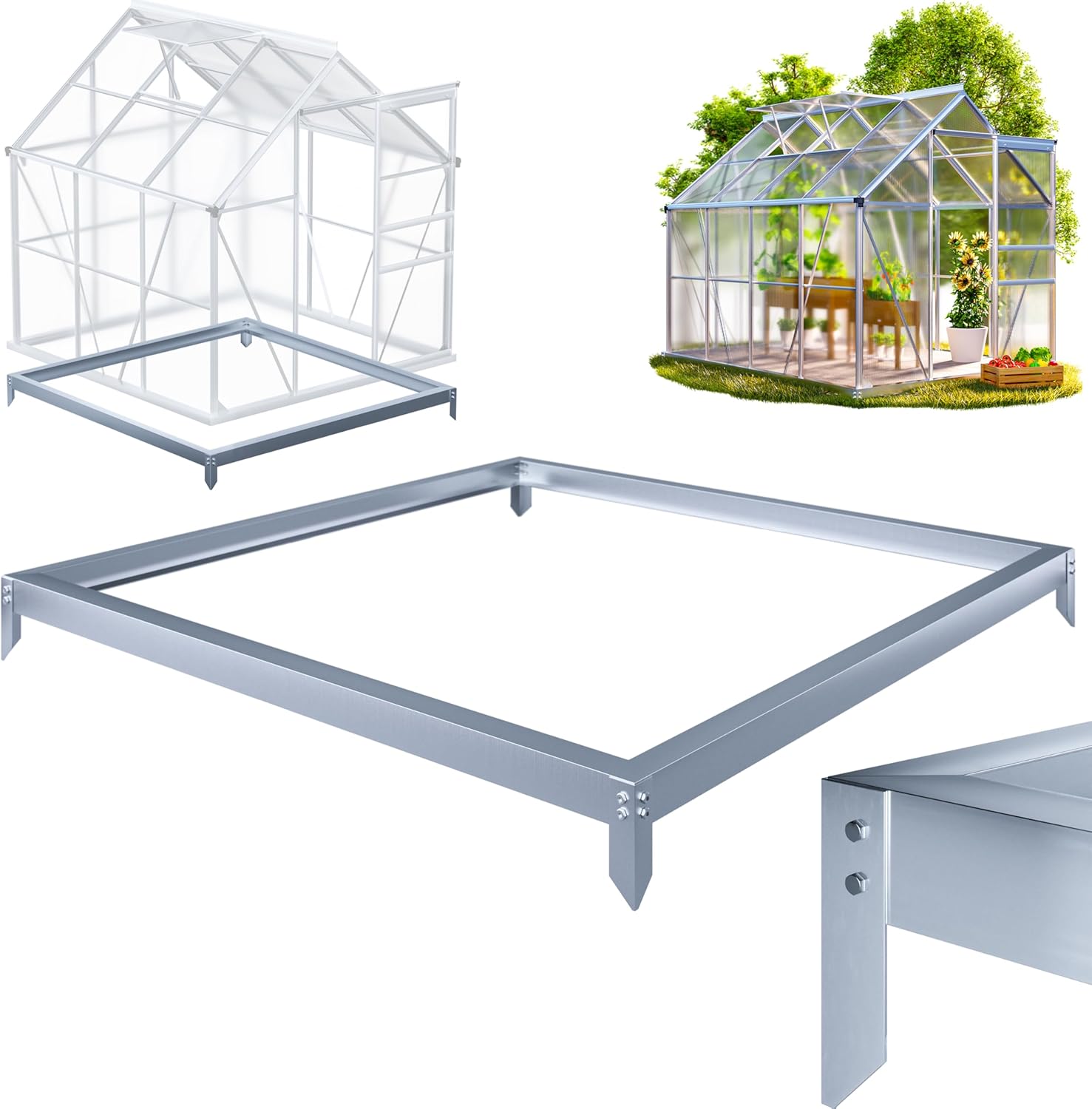 Gardebruk® 6x6ft Greenhouse Base | Galvanised Steel Foundation Frame with Ground Anchors | 190x190cm | Sturdy Rust-Proof Garden Green House Fixing Weather Resistant