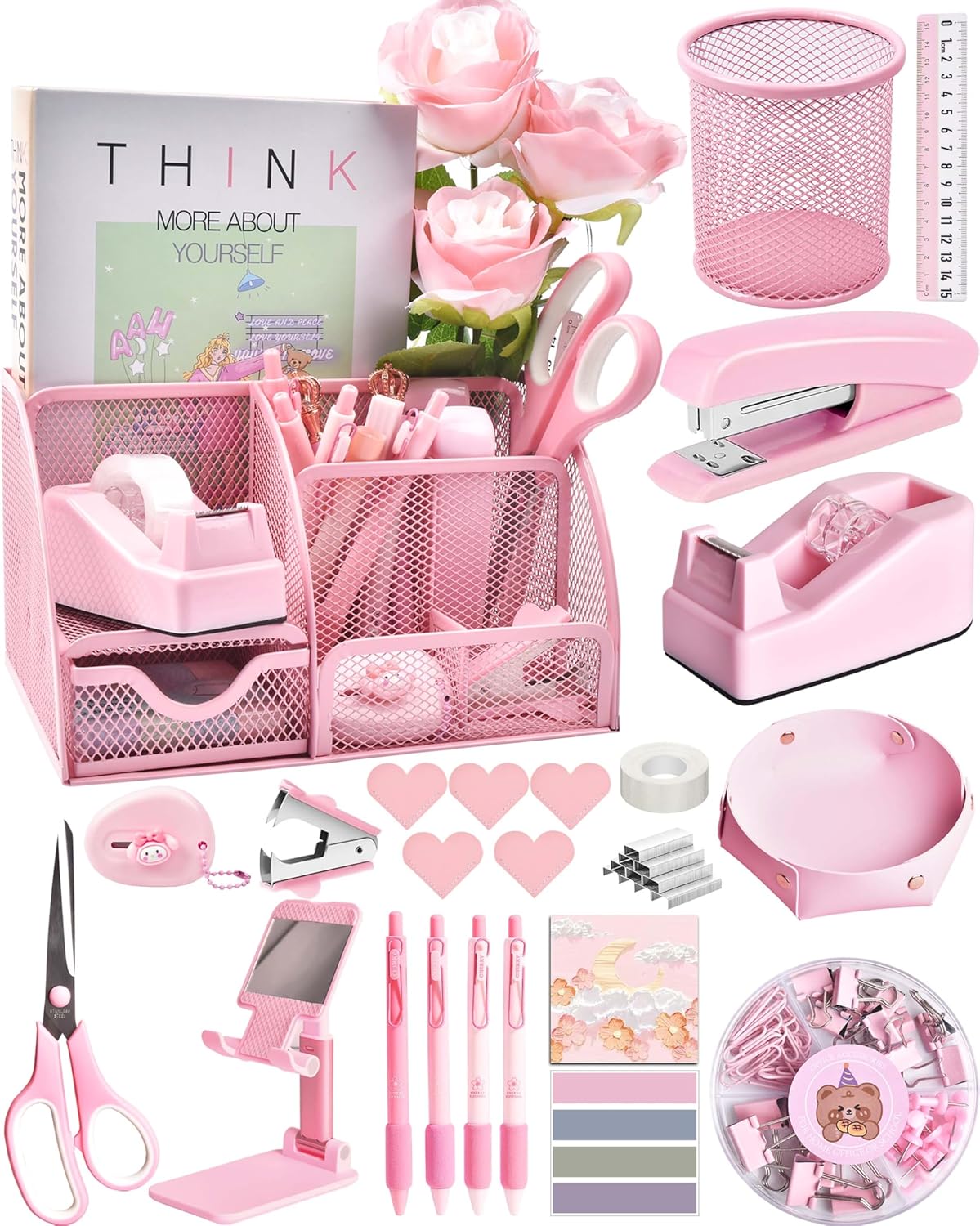Pink Desk Accessories, 24Pcs Pink Office Supplies and Desk Organizers, with Tape Dispenser, Stapler, Staple Remover, Ect, Fill Your Desktop with Lovely Pastel Colors, Back to School