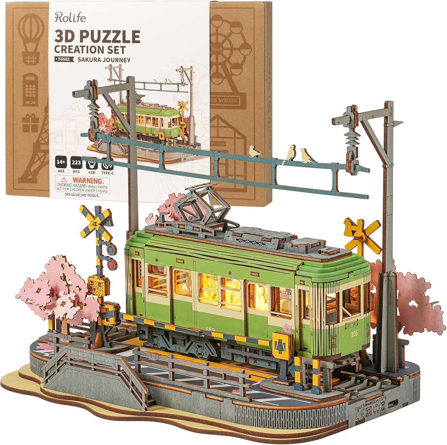 Rolife 3D Puzzle Sakura Journey Wooden Puzzles for Adults to Build Sakura Densya Model Kits Age 14+ with LED Lights Animation Scene Home Decoration Romantic Birthday Gifts for Her/Him