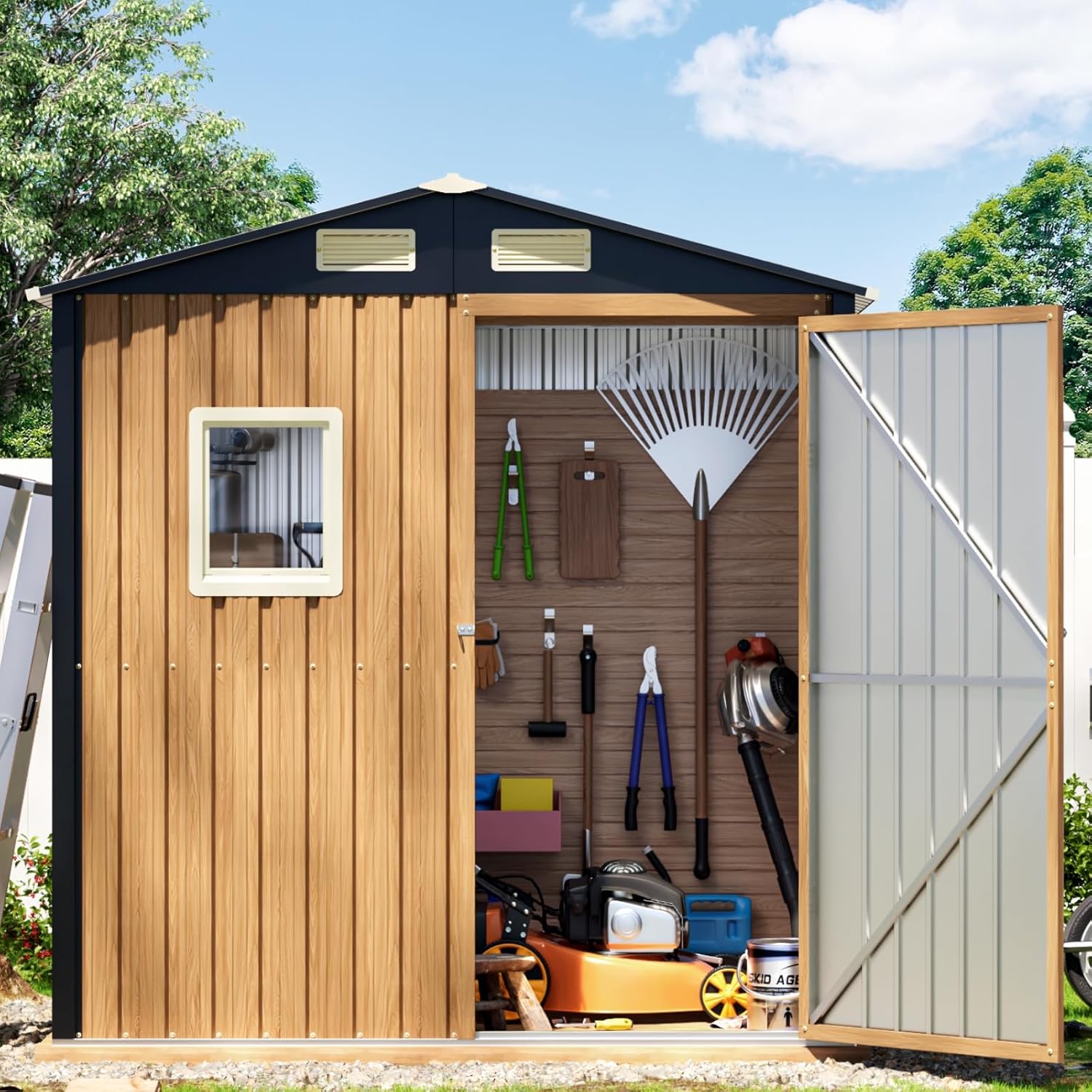 6X4FT Garden Storage Shed with Lockable Door,Steel Tool Shed with 1 Clear Window, Anti-Corrosion Metal Shed for Backyard Patio Lawn (Light Wood Grain)