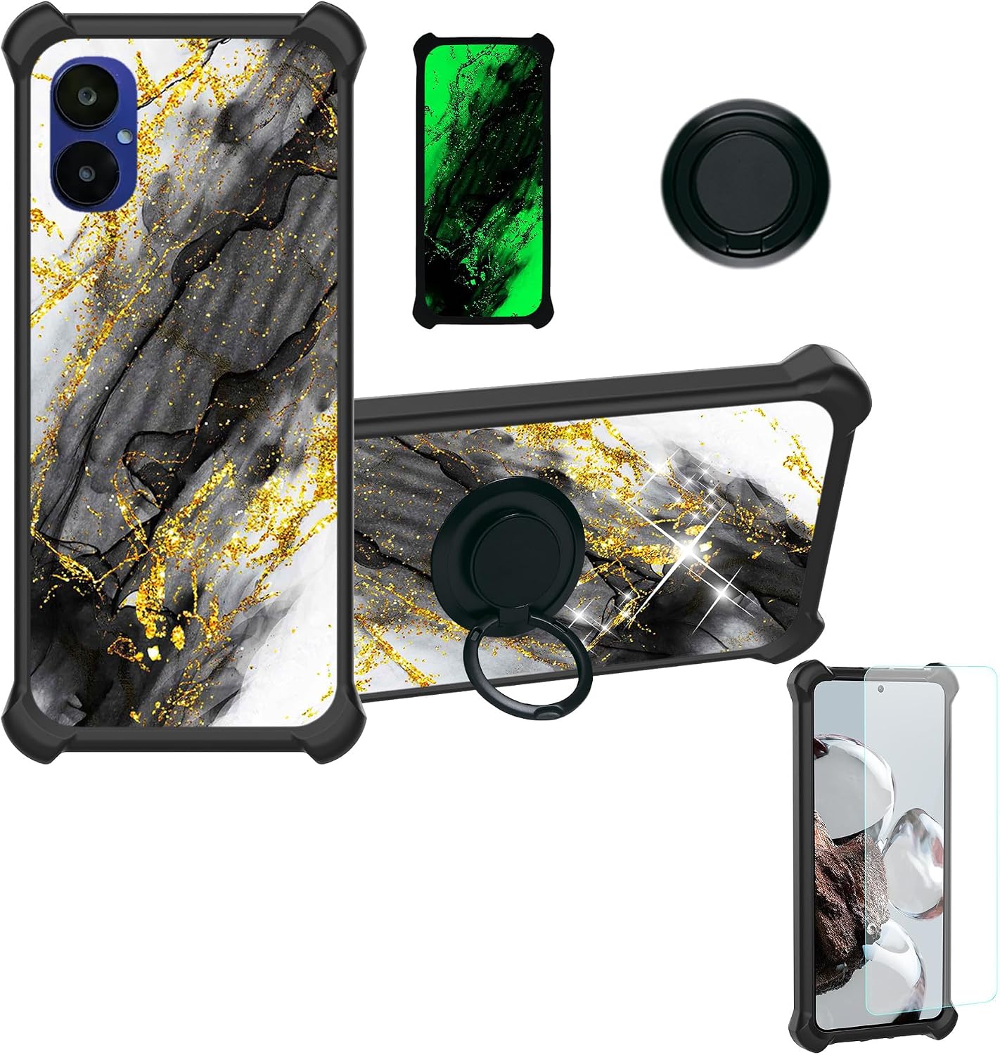 Nuu A15 Case Compatible with Nuu Mobile A15 Phone Case Cover [Hard PC + Soft Silicone][Ring Support] [Gold Glitter+Luminous] JSH-HDL
