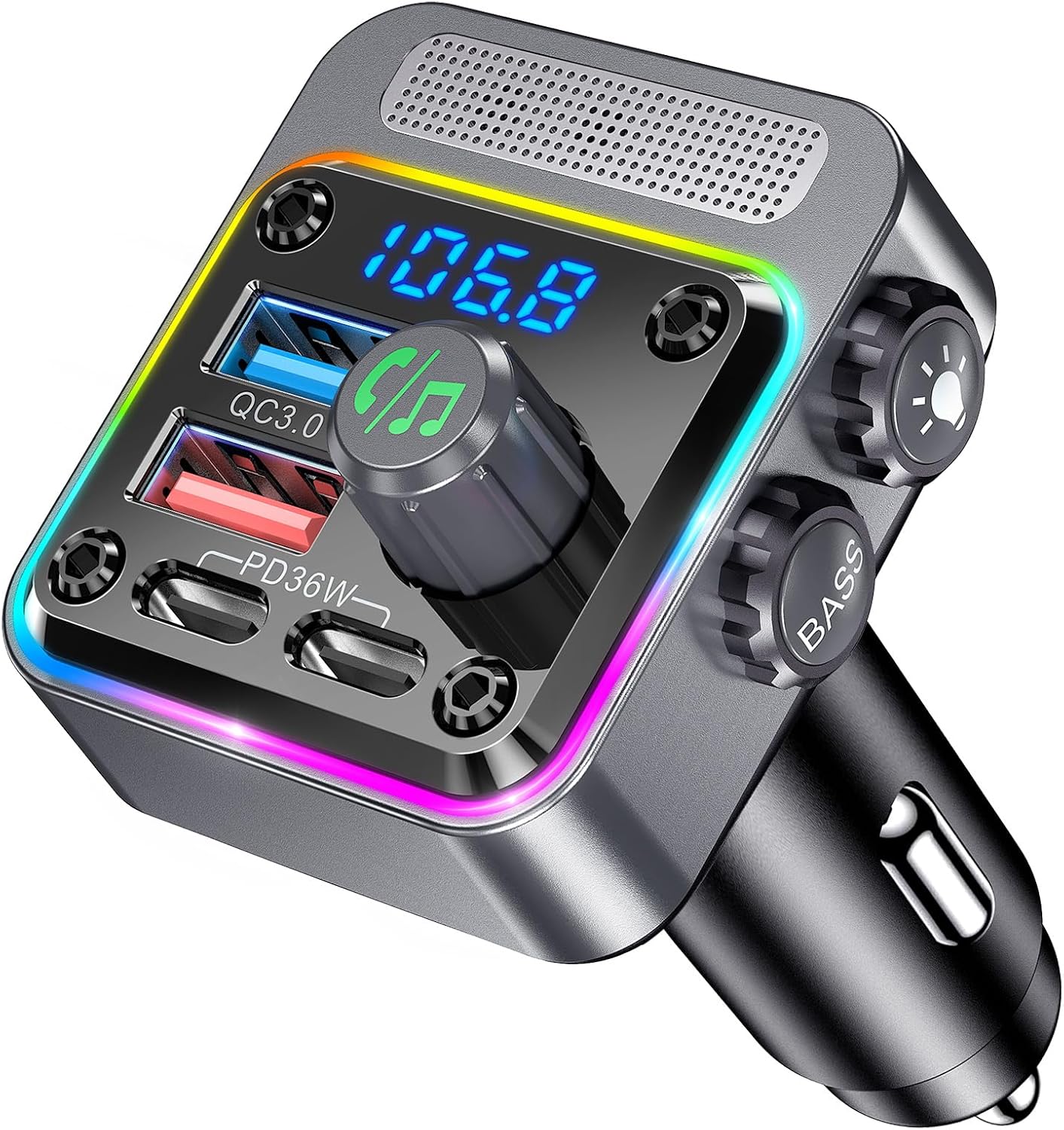 GizmoVine Bluetooth Car Adapter,Bluetooth FM Transmitter,Blue Tooth Car Adaptor,Fast Charging PD 36W QC 3.0 18W,Wireless Radio Music Adapter,Bass Sound,Cigarette Lighter,Hands Free,MP3 Player