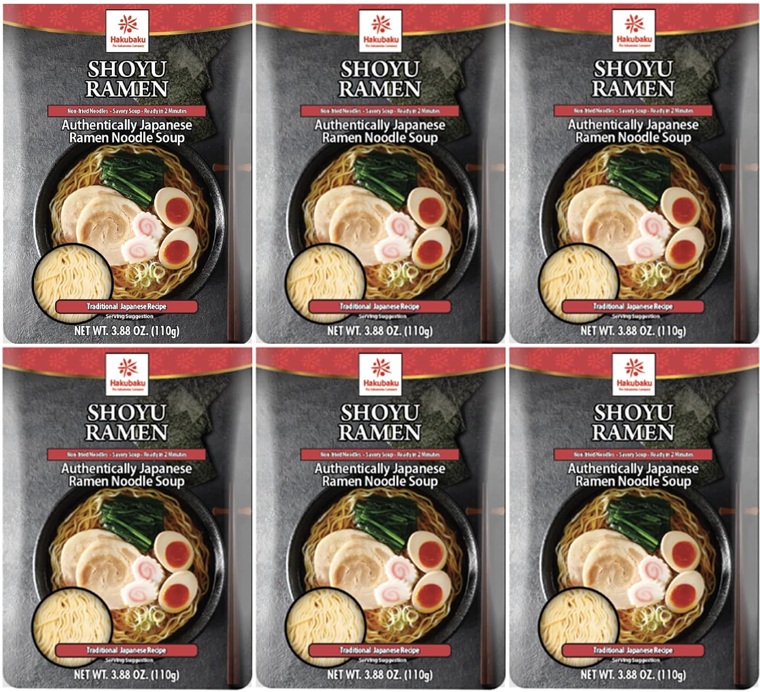 Hakubaku Shoyu Ramen Noodle Soup, Non-Fried Soft Noodles, 3.88 oz, 6 Pack