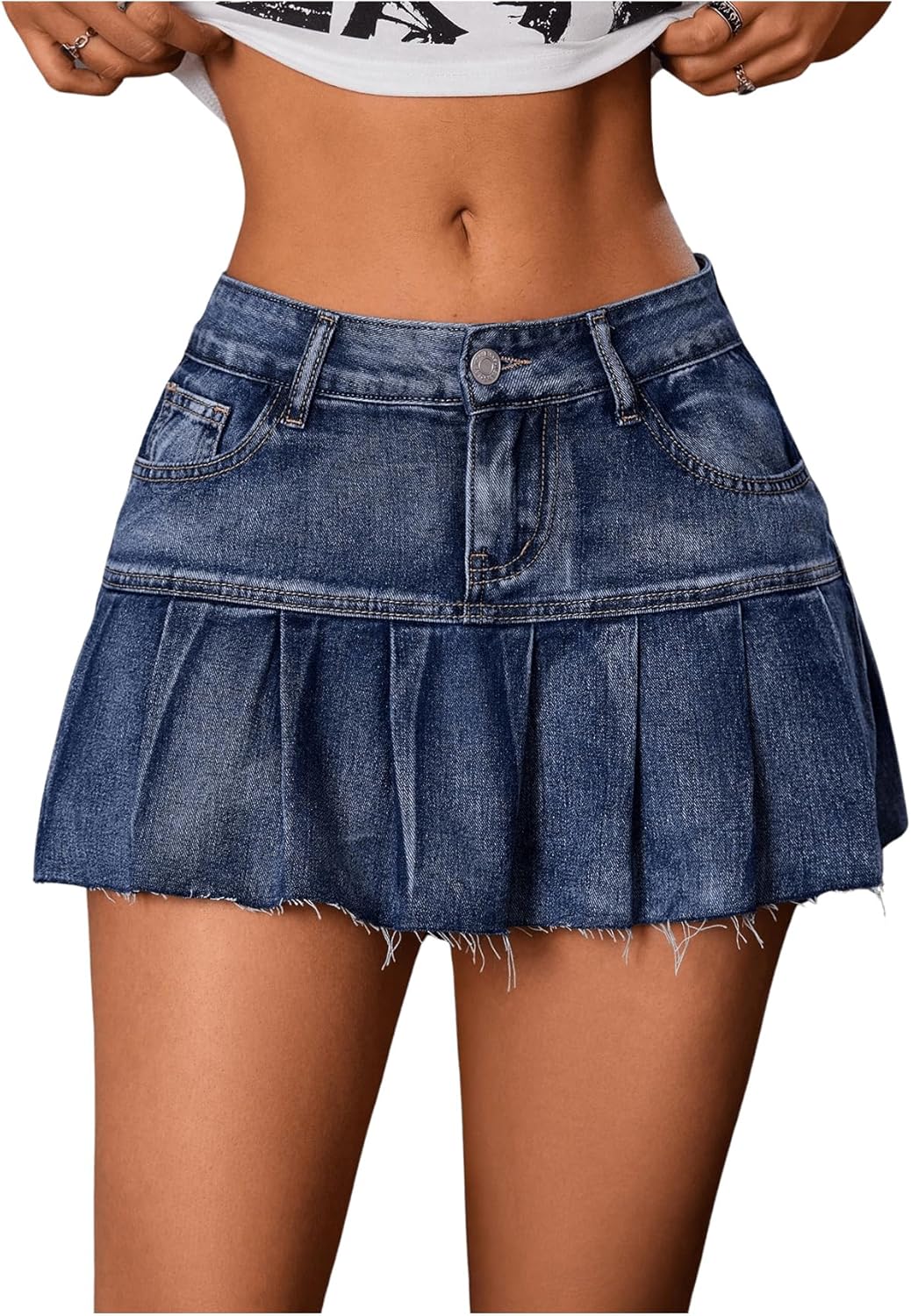 GORGLITTER Women's A Line Pleated Denim Skirts Flared Raw Hem Drop Waist Mini Jeans Skirt