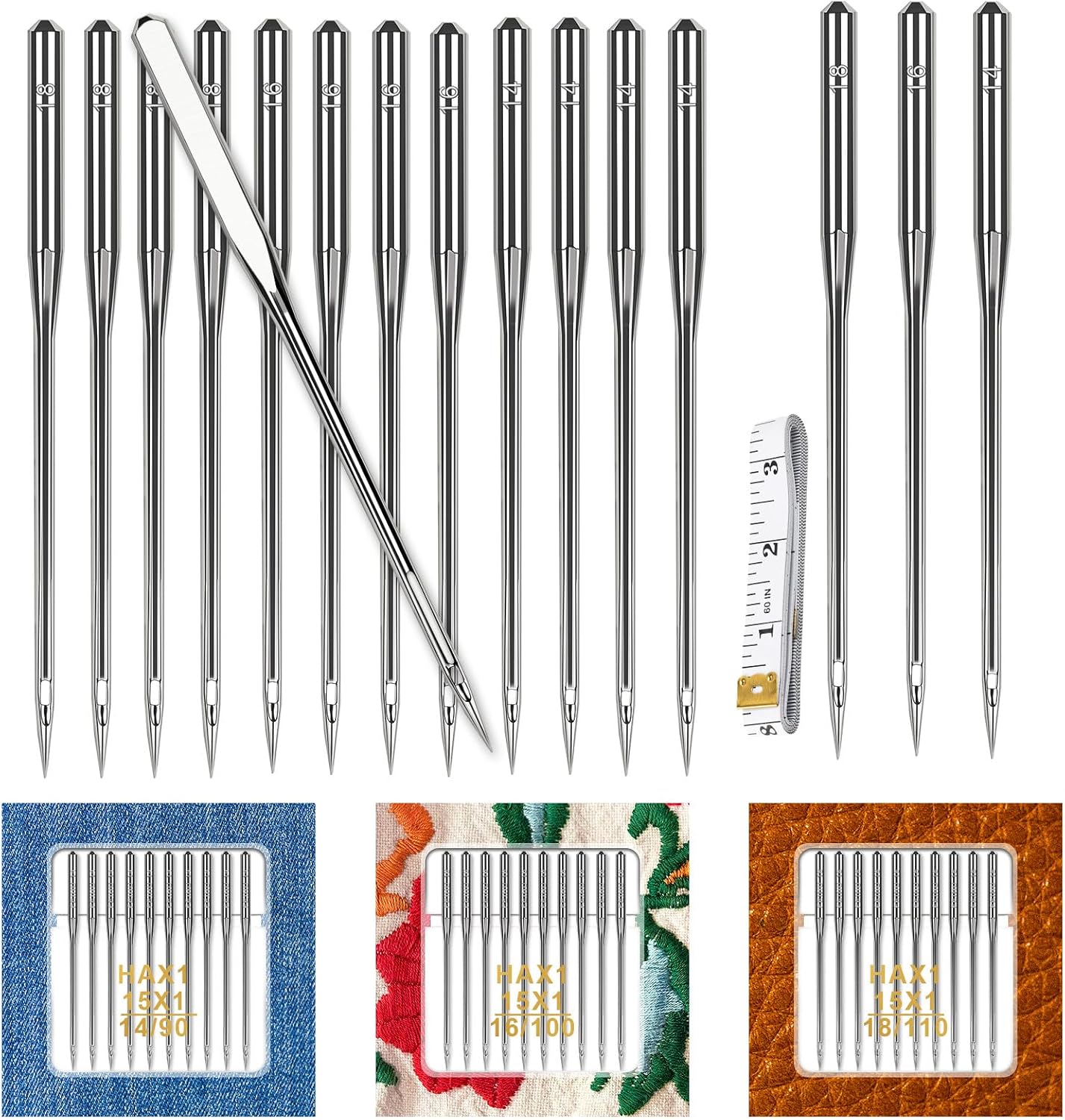 30PCS Universal Sewing Machine Needles - Sizes 90/14 100/16 110/18 Heavy Duty Sewing Machine Needle for Thick Fabric Including Canvas Leather Embroidery Jeans