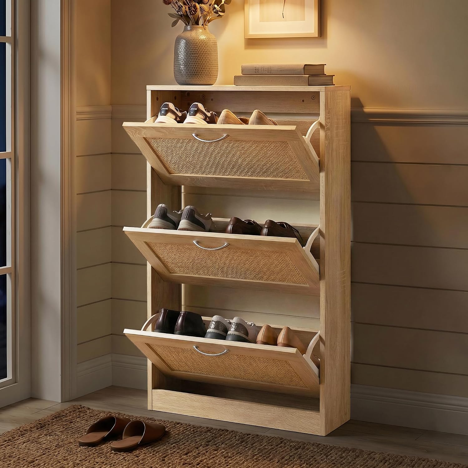 HOPUBUY Shoe Cabinet for Entryway, Narrow Shoe Storage with 3 Flip Drawers