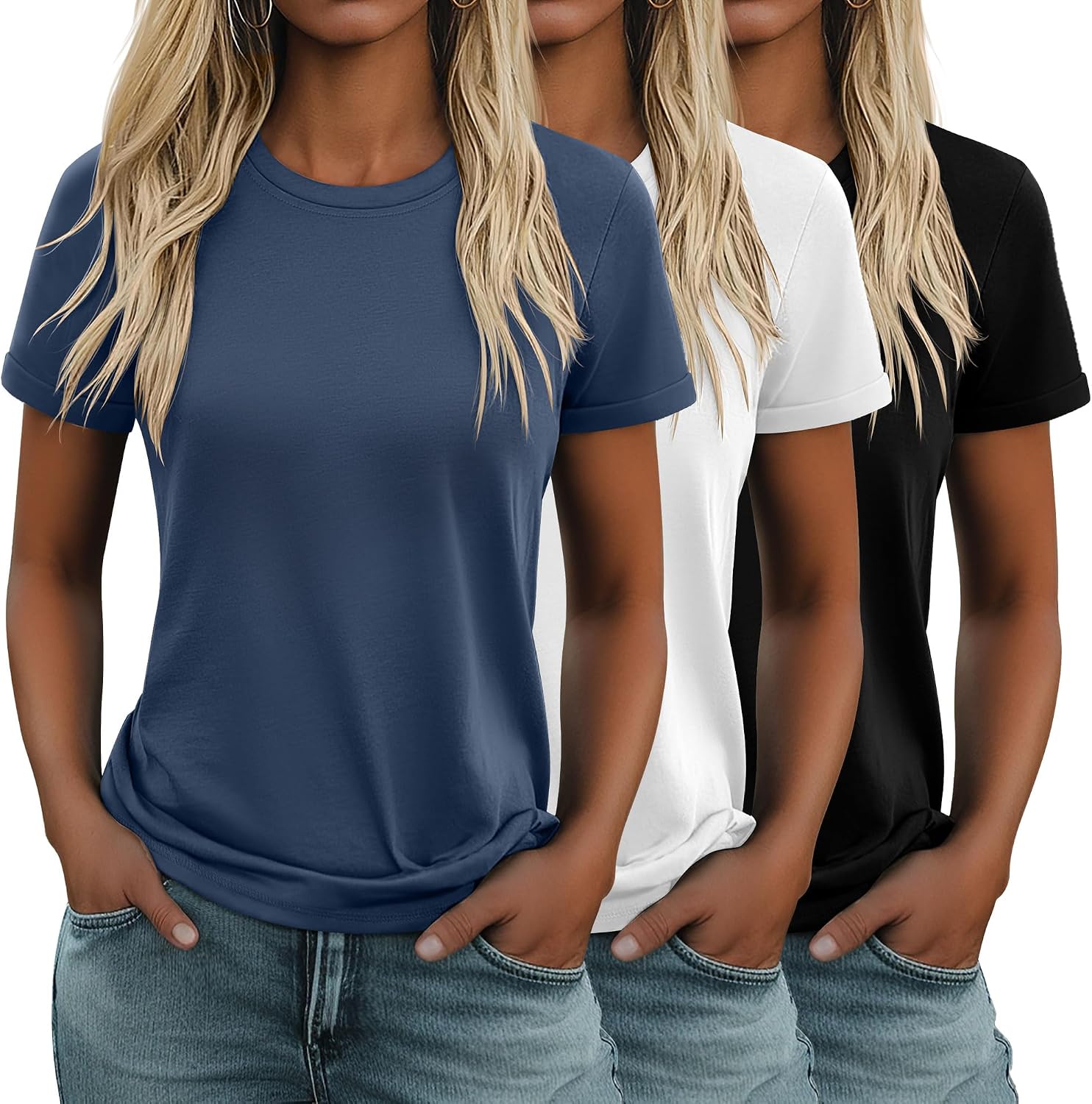Geyoga 3 Pack Women's Cotton T Shirts Casual Short Sleeve Tunic Tops Crewneck Summer Loose Fit Plain Basic Tee