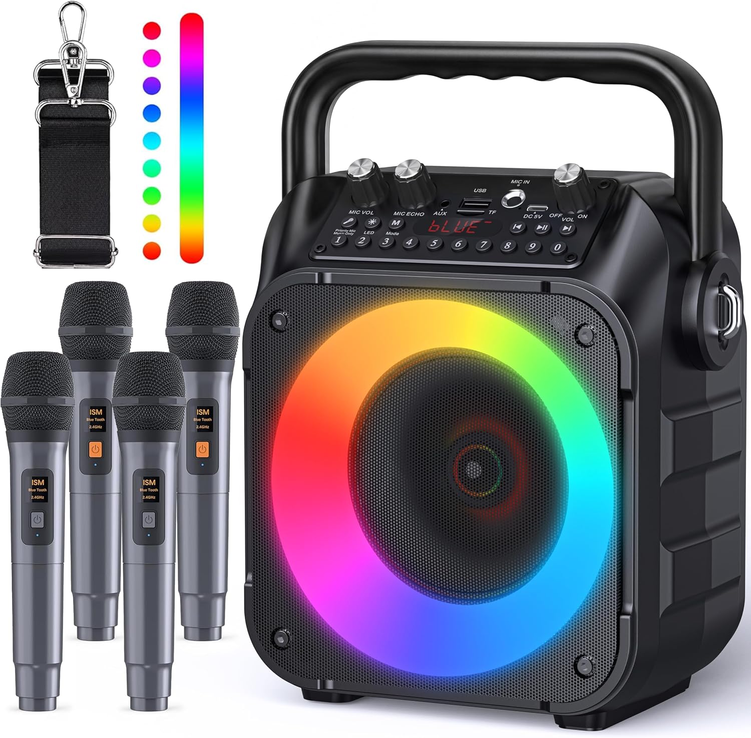 Karaoke Machine with 4 Wireless Microphones for Adults and Kids | Bluetooth Speaker, 5 Light Modes, PA System, TWS Stereo Pairing, USB/TF/REC/FM/AUX, 6-8H Playtime for Home Party and Outdoor