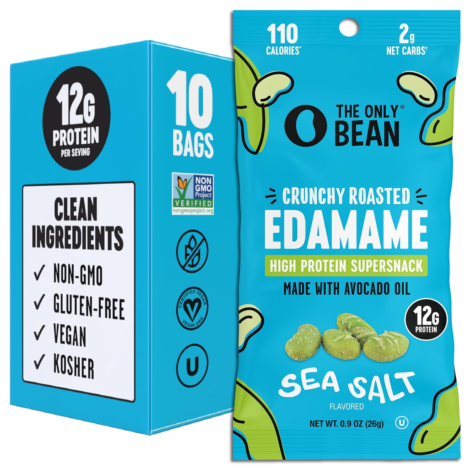 The Only Bean Crunchy Dry Roasted Edamame Snacks (Sea Salt), Healthy High Protein(12g) Keto Food, Low Carb Gluten Free Office Vegan Food 100 Calorie Snack Pack, 0.9oz 10 Pack