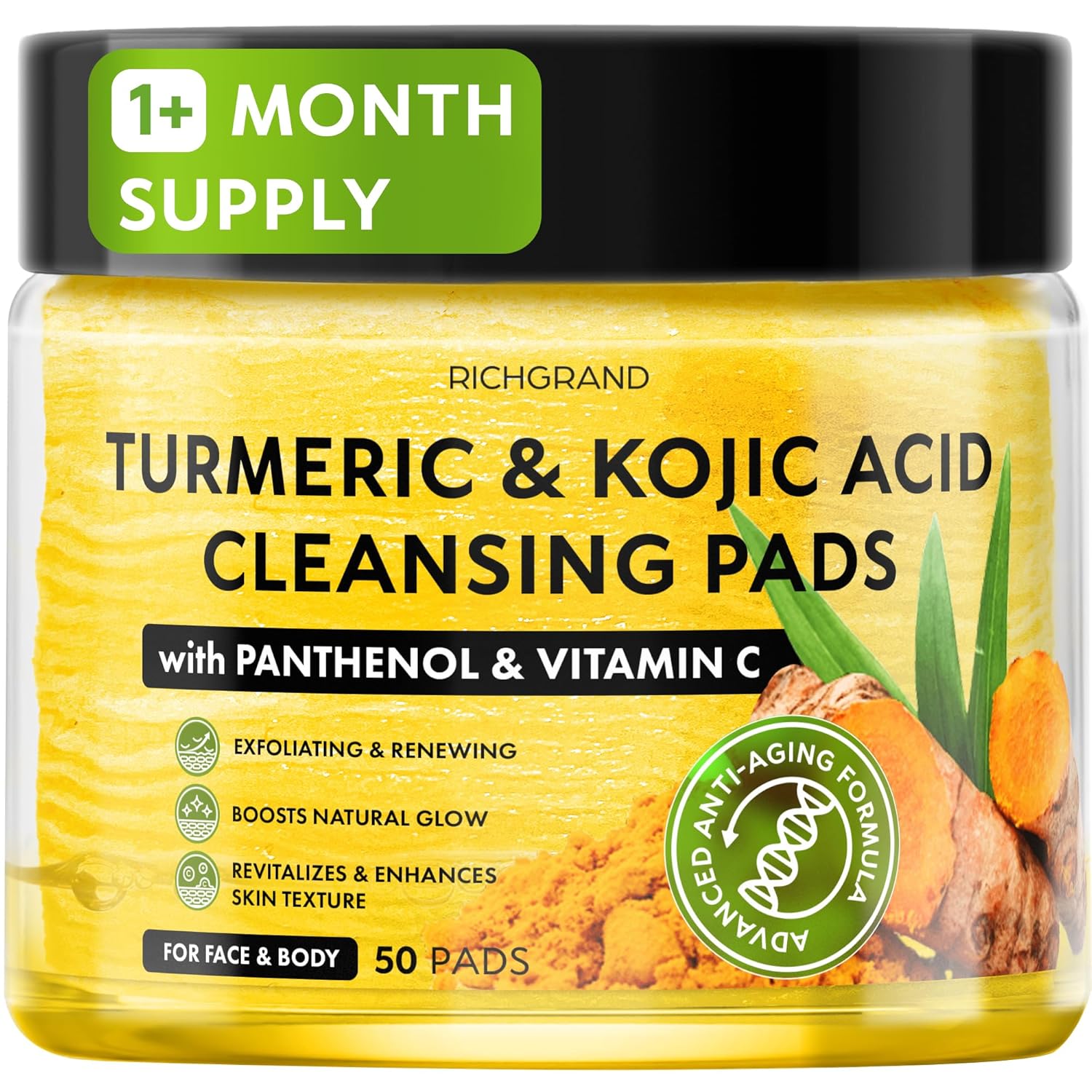 Turmeric Kojic Acid Cleansing Pads - Exfoliating Turmeric Pads for Face Dark Spots, Discoloration - Daily Skin Care for Men & Women - Natural Glow Facial Wash