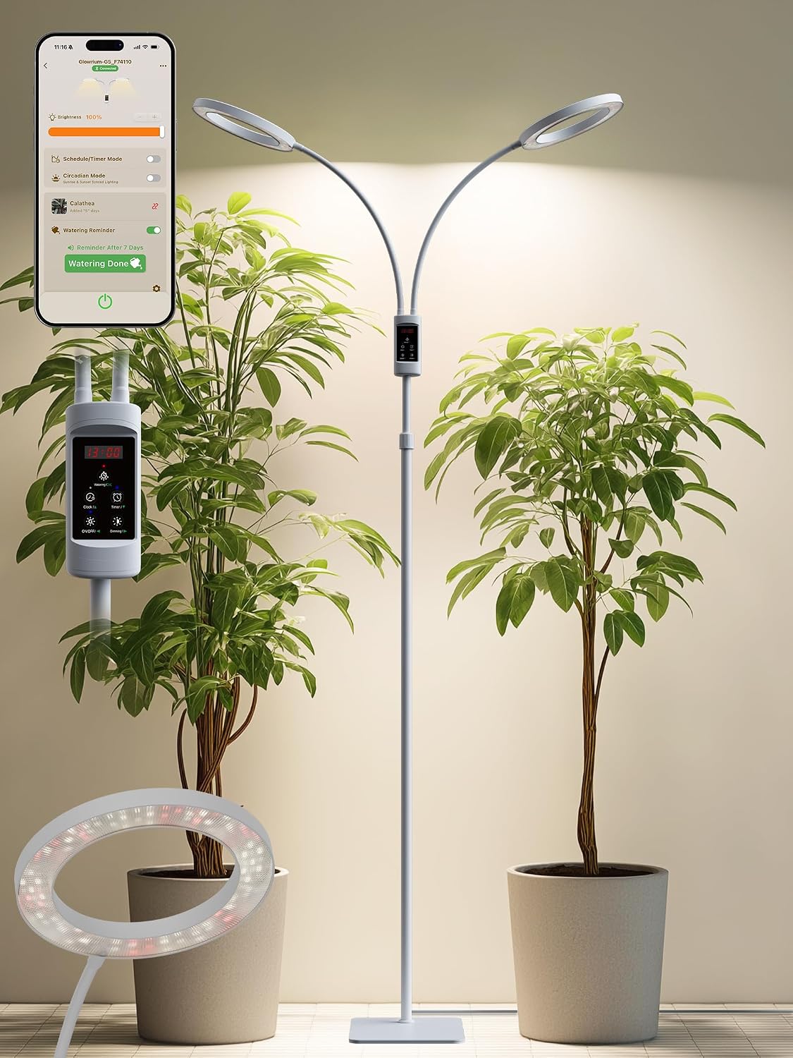 48W Smart Grow Lights for Indoor Plants, Full Spectrum LED Plant Light | Auto Timer, Adjustable Height, Dimmable, Plant Assistant App for 10,000+ Plants, Floor Plant Growing Lamp, White, Dual Heads