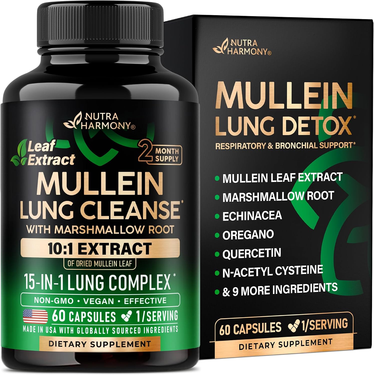 Mullein Lung Detox - Mullein Leaf 10:1 Extract - Marshmallow Root | Echinacea | Oregano | Quercetin | NAC - 15-in-1 Lung Support & Cleanse for Smokers Supplement - for Women & Men - 60 Vegan Capsules