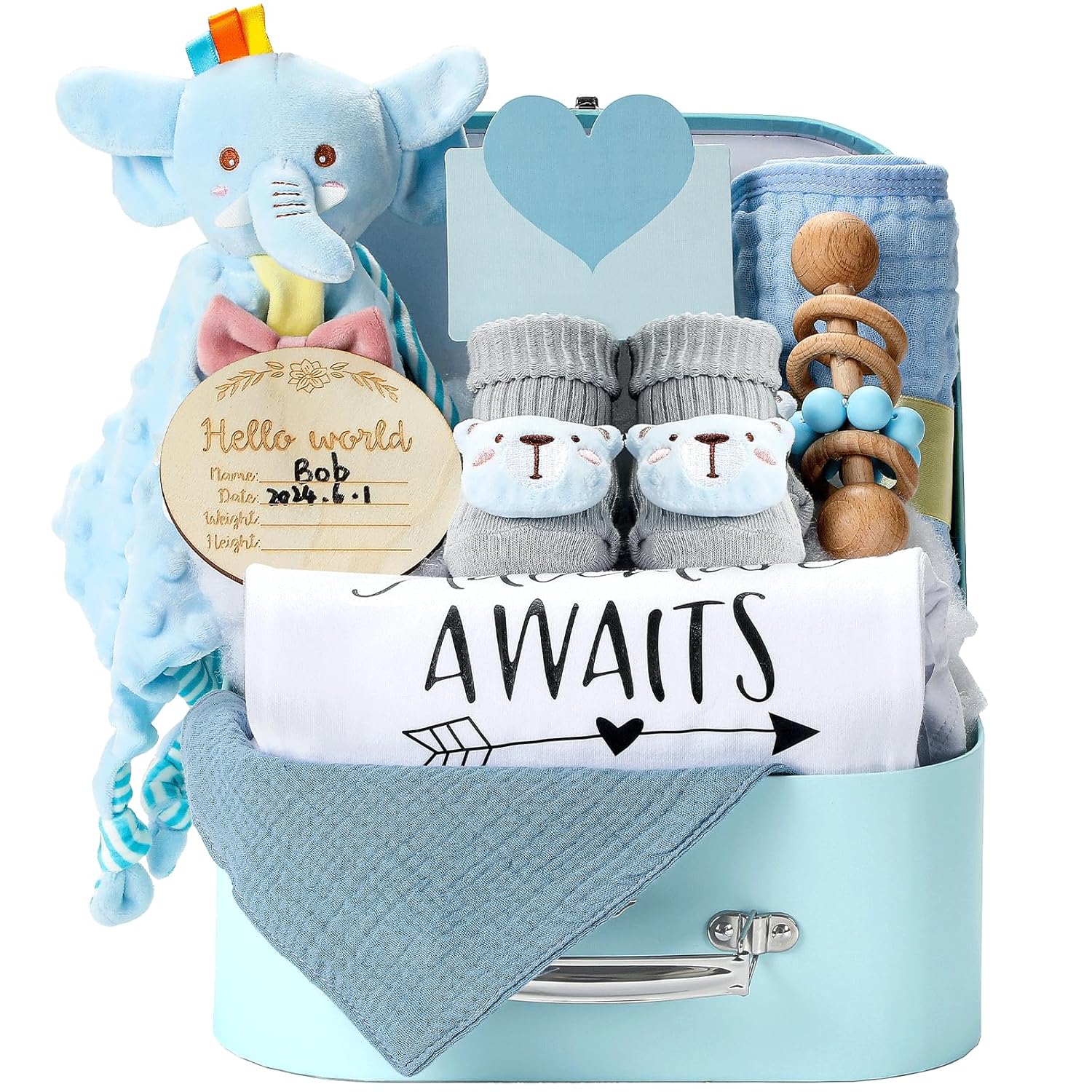 Baby Gift Set Baby Shower Gifts Basket for Newborns New Born Baby Boy Gift Set Blue Baby Gift Basket with Baby Rattle Muslin Towel Security Blanket Gender Reveal Gifts for Baby Girls Boys