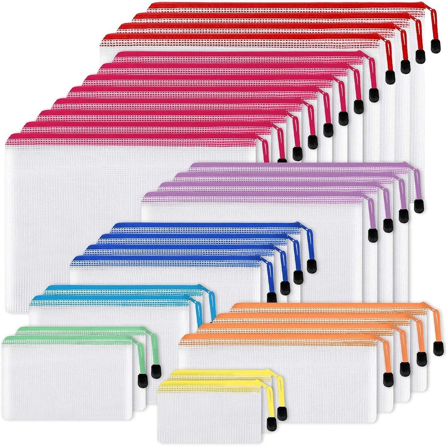 EOOUT 30pcs Mesh Zipper Pouch Bags, 8 Sizes Plastic Bags, 8 Colors Waterproof Pouches with slide fastener for Organization, Multipurpose for Travel, School Supplies, Office and Home Organization