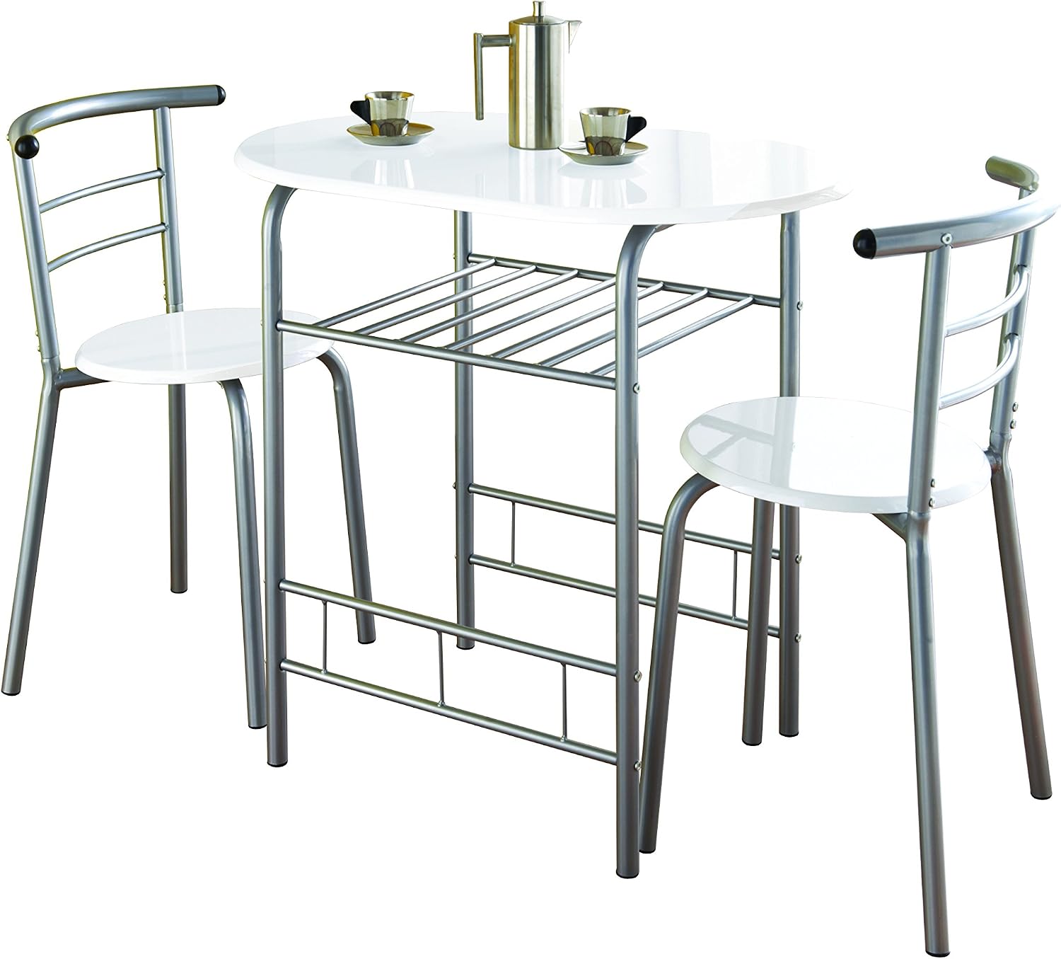 spot on dealz® Modern White High Gloss Small Dining Table and 2 Chairs Set Metal Frame MDF wood Top Kitchen Dining room sets 2 seater Space-saving furniture G-0075