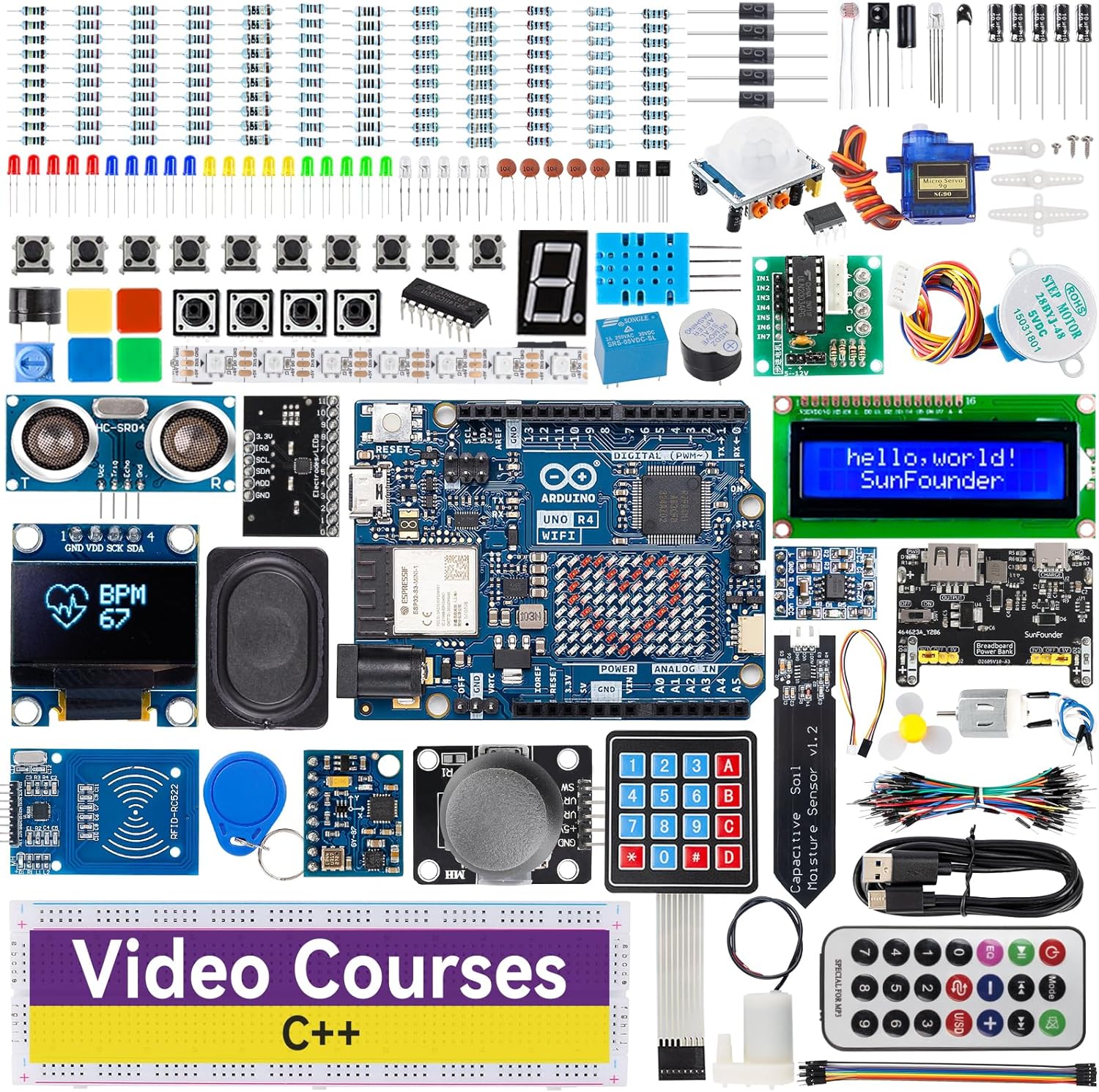 SunFounder Elite Explorer Kit with Original Arduino Uno R4 WiFi, RoHS Compliant, Bluetooth IoT ESP32 IIC LCD1602 OLED, Super Starter Kit, Online Tutorials & Video Courses for Beginners & Engineers