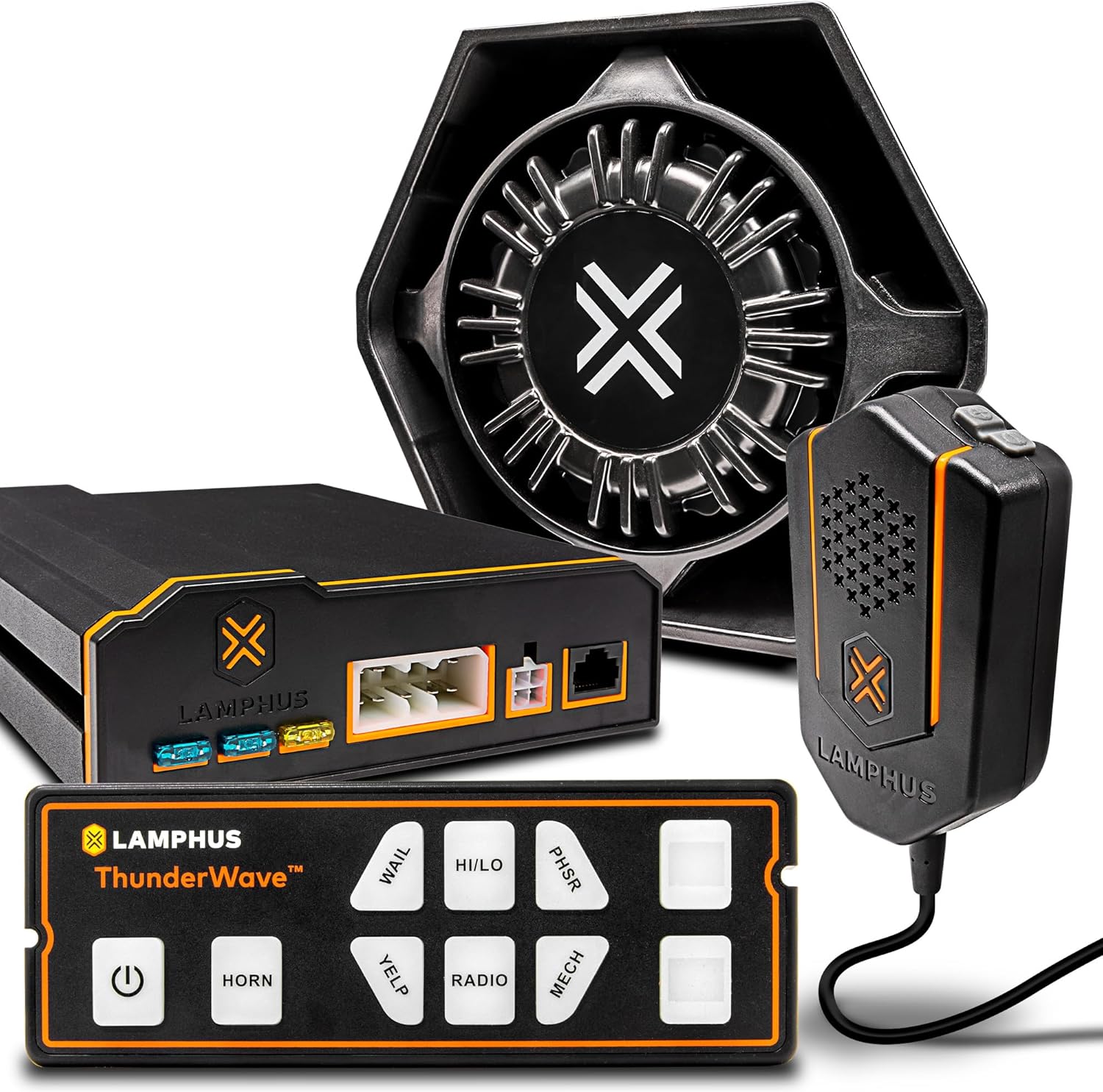 LAMPHUS ThunderWave 100W Emergency Police Siren Speaker Kit [Remote Control][2x15A Aux Light Switch][Hands-Free Air Horn][Radio Broadcast] 12V Warning PA System for Emergency Vehicle Pickup Truck UTV