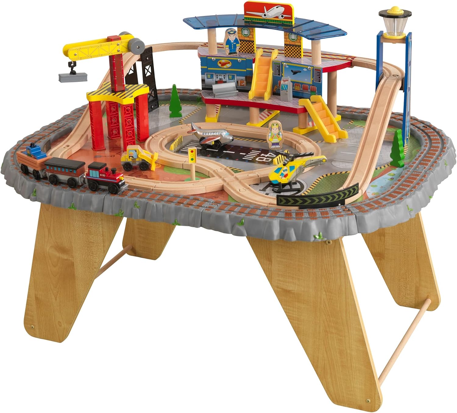 KidKraft 17564 Transportation Station Wooden Train Track Set & Table for kids, classic railway activity playset with accessories included (58 pcs)