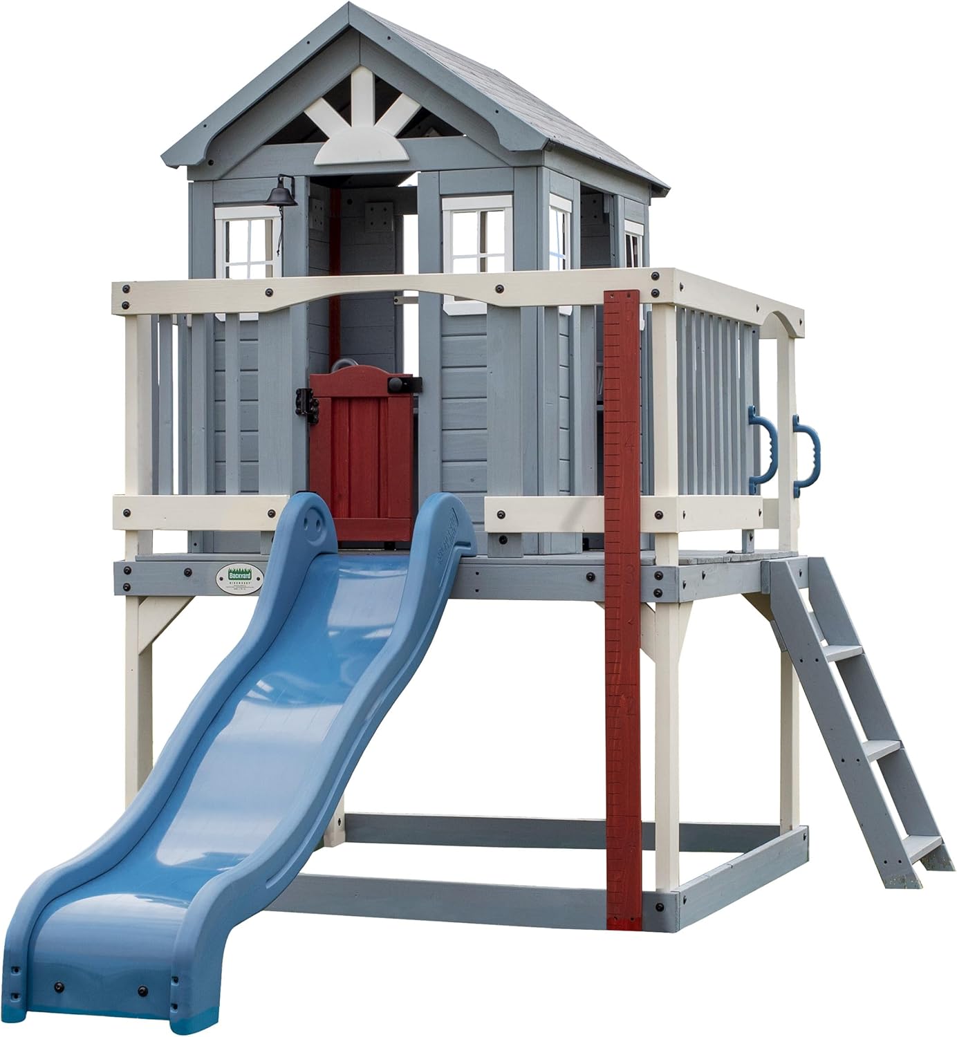 Backyard Discovery Beacon Heights Elevated Cedar Wooden Kids Playhouse with Wave Slide, Play Kitchen, Wrap-Around Deck, Flat-Step Ladder, Half Door, Windows, Bell, and Growth Chart for Outdoor Play