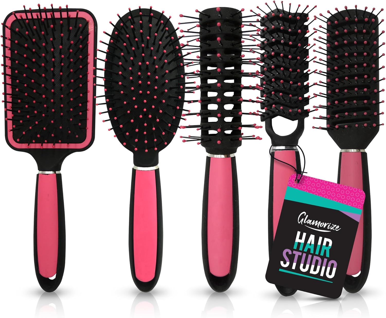 SOL 5pk Hair Brush Set - Hairbrushes for Women - Paddle, Cushion, ZigZag, Round & Vented Brushes - Soft Bristles for Detangling, Styling & Scalp Massage - Ideal for All Hair Types at Home or On-the-Go