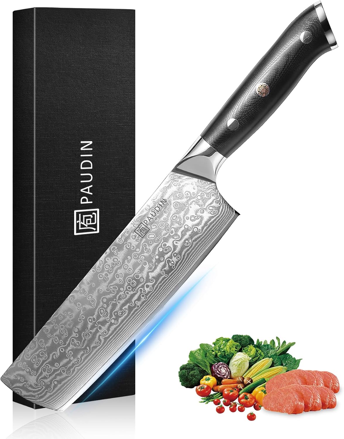 PAUDIN 7 Inch Nakiri Knife, Ultra Sharp Damascus Kitchen Knife