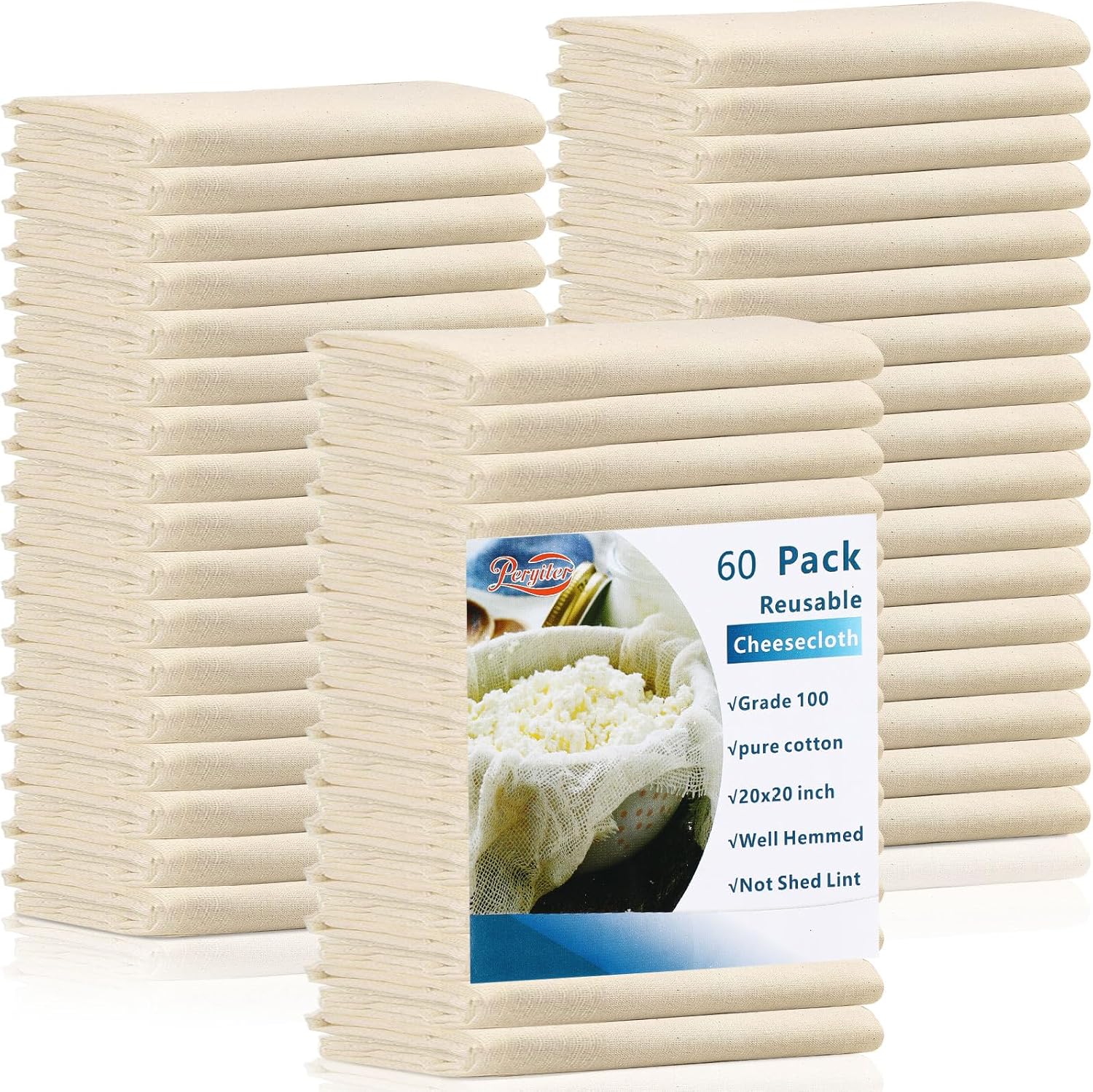 Peryiter 60 Pcs Cheese Cloth for Straining Grade 100 Cheesecloth Hemmed Unbleached Cotton Cheese Reusable Muslin Cloth Strainer for Making Supplies Juicing Canning Cooking, 20x20 Inch