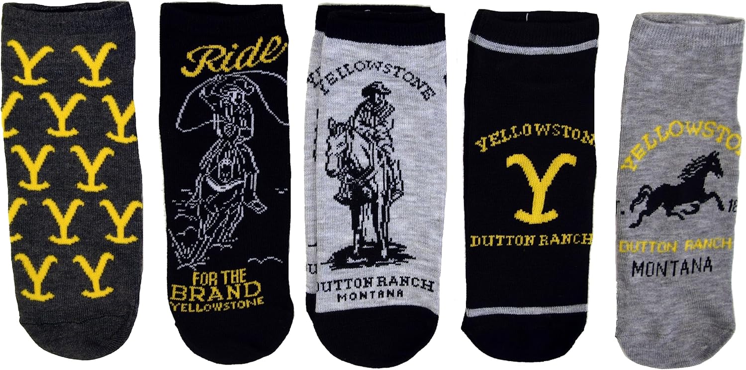 Yellowstone Dutton Ranch 5 Pack Black Letter Print Ankle Socks - Women's Casual Socks - One Size Fits All - 5 Count