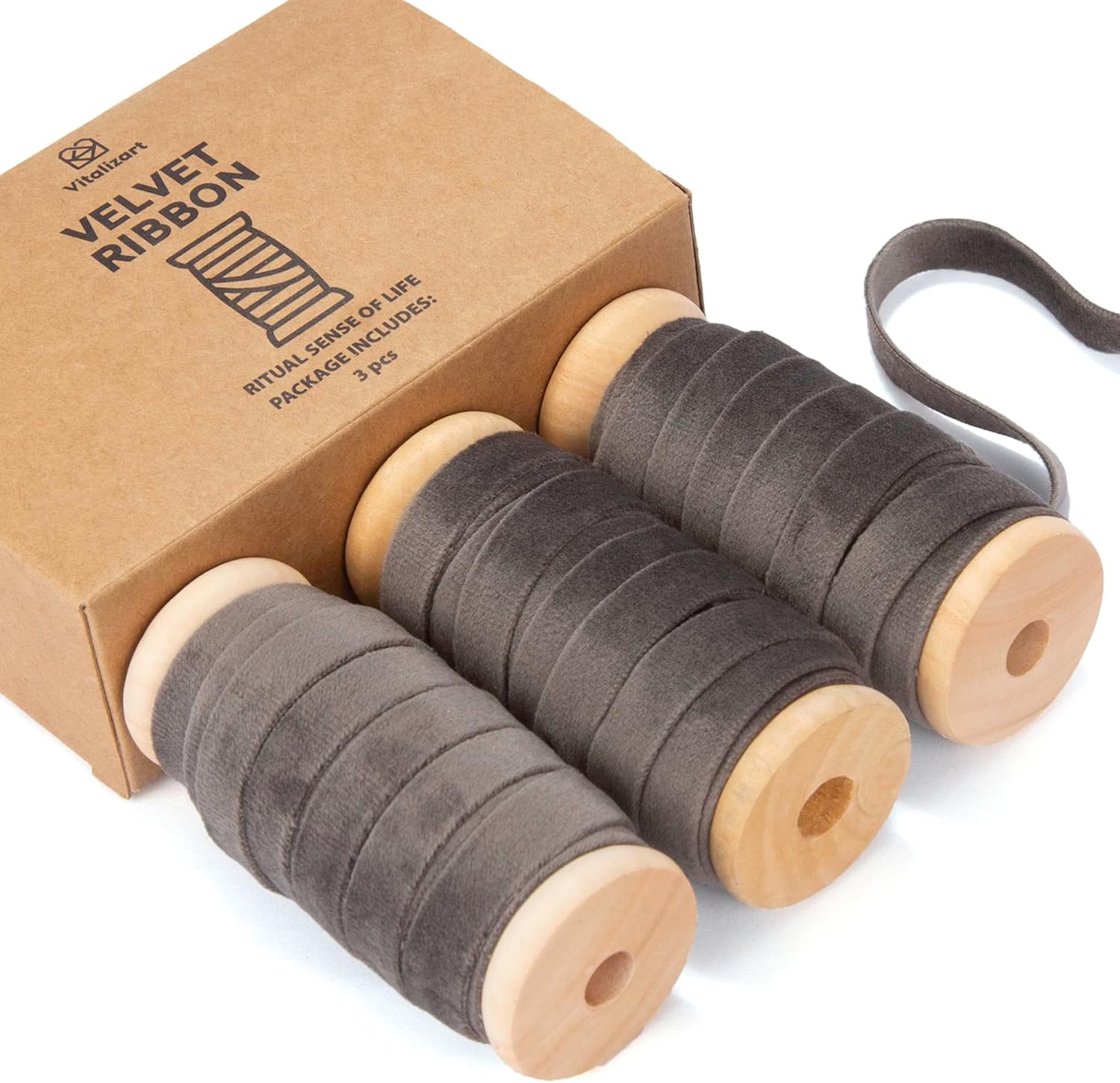 Vitalizart Gray Velvet Ribbon Set 3/8" x 15Yd Wooden Spool Fabric Trim Eco-Friendly 3 Rolls * 5Yd for Christmas Wreath Decoration Handmade Craft Ornaments Gift Wrapping & Bow Making (Silver)