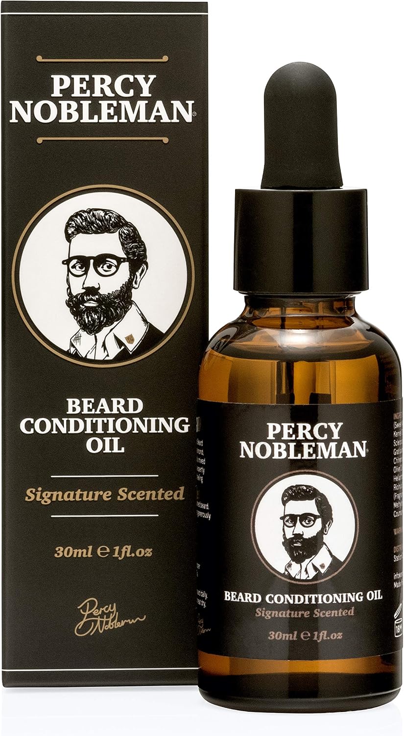 Percy Nobleman Beard Oil – 99 % Natural Conditioning & Grooming Oil – Argan, Jojoba, Avocado, Almond & Marula Oils – Vanille Musk Scent – Softens, Nourishes & Tames Coarse Beards (30 ml)