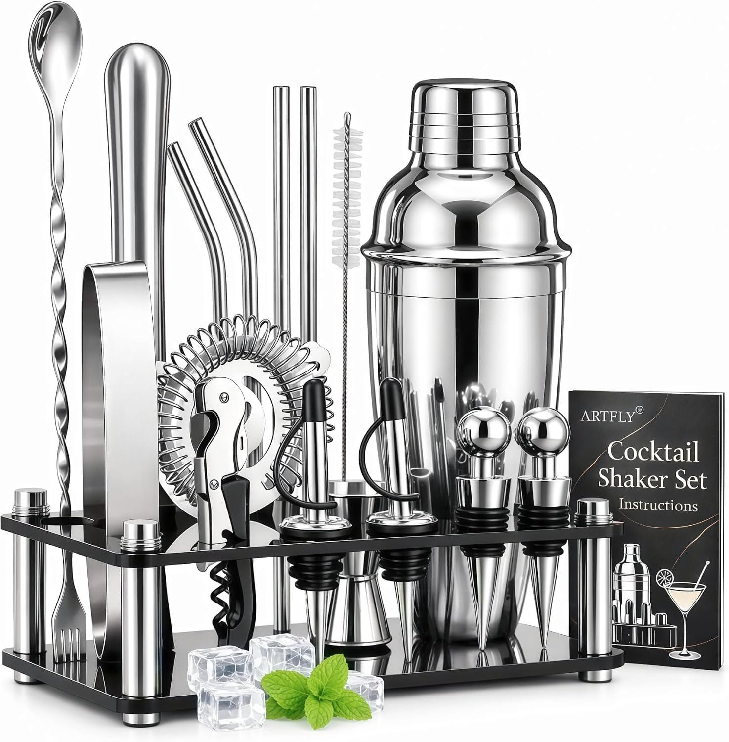 Cocktail Shaker Set, 18-Piece Bartender Kit with Stand, Bar Tool Set