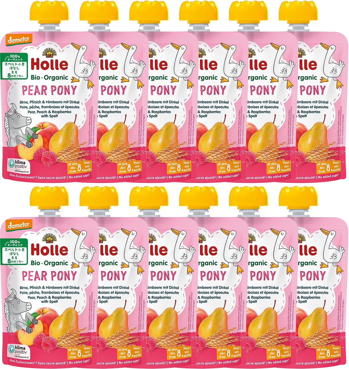 Holle Pear Pony - Pouch pear, peach & raspberries with spelt, pack of 12