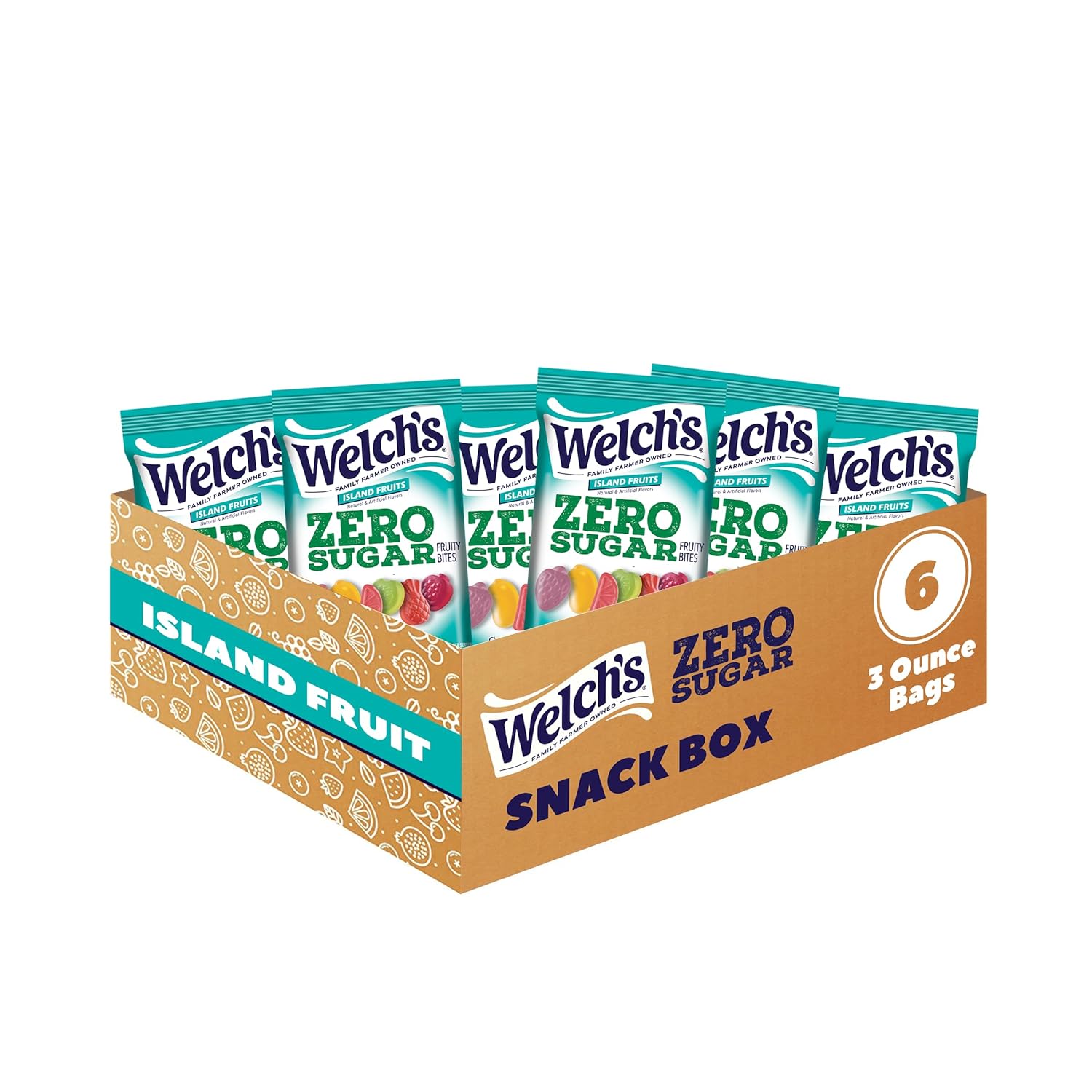 Welch's Zero Sugar Fruity Bites, Island Fruits Snack Box, Gluten Free & Sugar Free Snacks, 3oz Snack Packs (Pack of 6)