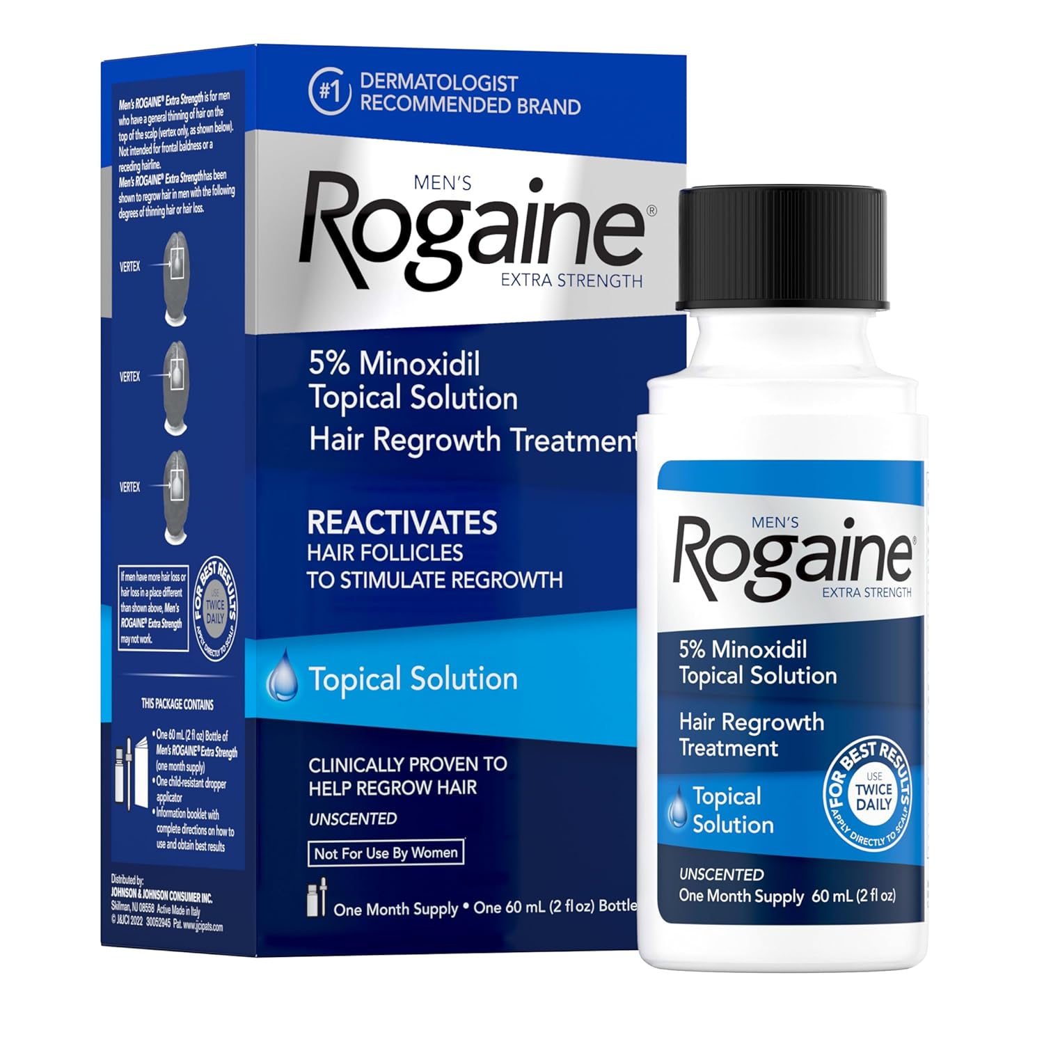 Men's Rogaine Extra Strength 5% Minoxidil Topical Solution for Hair Loss & Regrowth, Topical Treatment for Men, Unscented Minoxidil Follicle Booster Solution, 1-Month Supply, 2 fl. oz