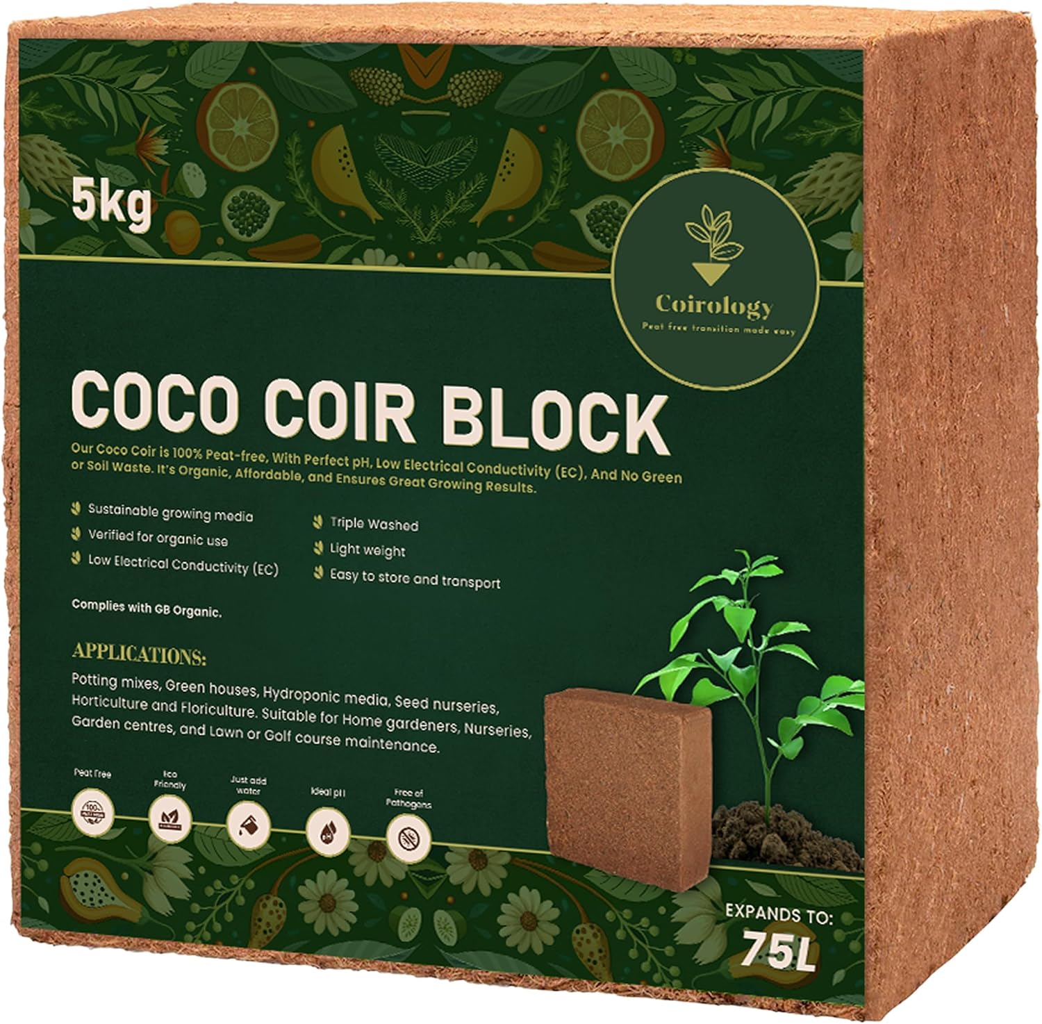 COIROLOGY 5 x 5KG Organic Coco Coir Compost Block | 375L Peat-Free Pre-Washed Compressed Coconut Fiber Growing Medium | Ideal Potting Compost Soil Mix for Seed Starting (Box Packed)