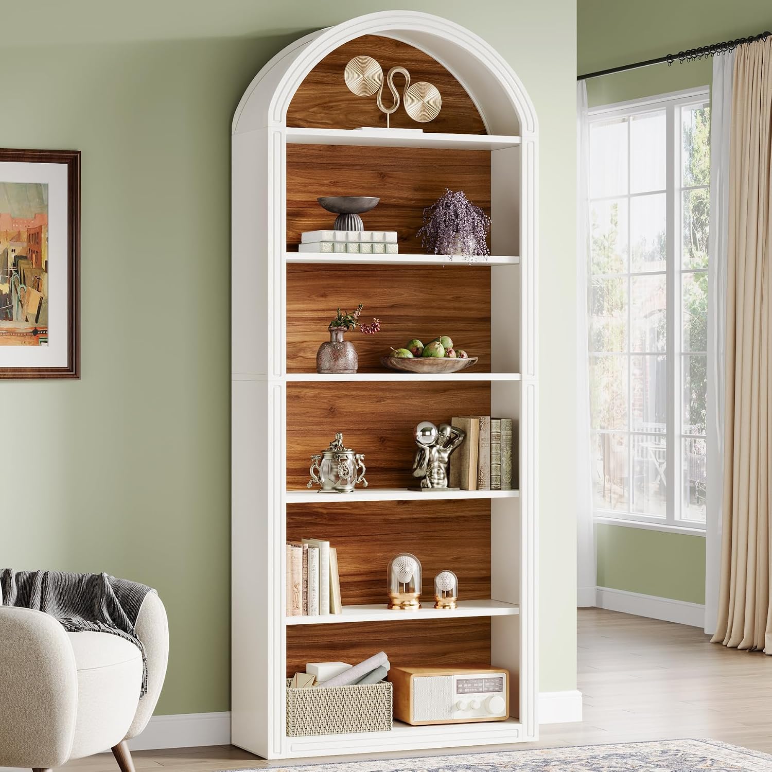 Tribesigns 6-Tier White Arched Bookshelf, 77.16" Tall Arched Bookcase with Storage Shelves, Floor Standing Open Display Shelving Unit for Living Room, Bedroom, Home Office (White, 6-Tier)