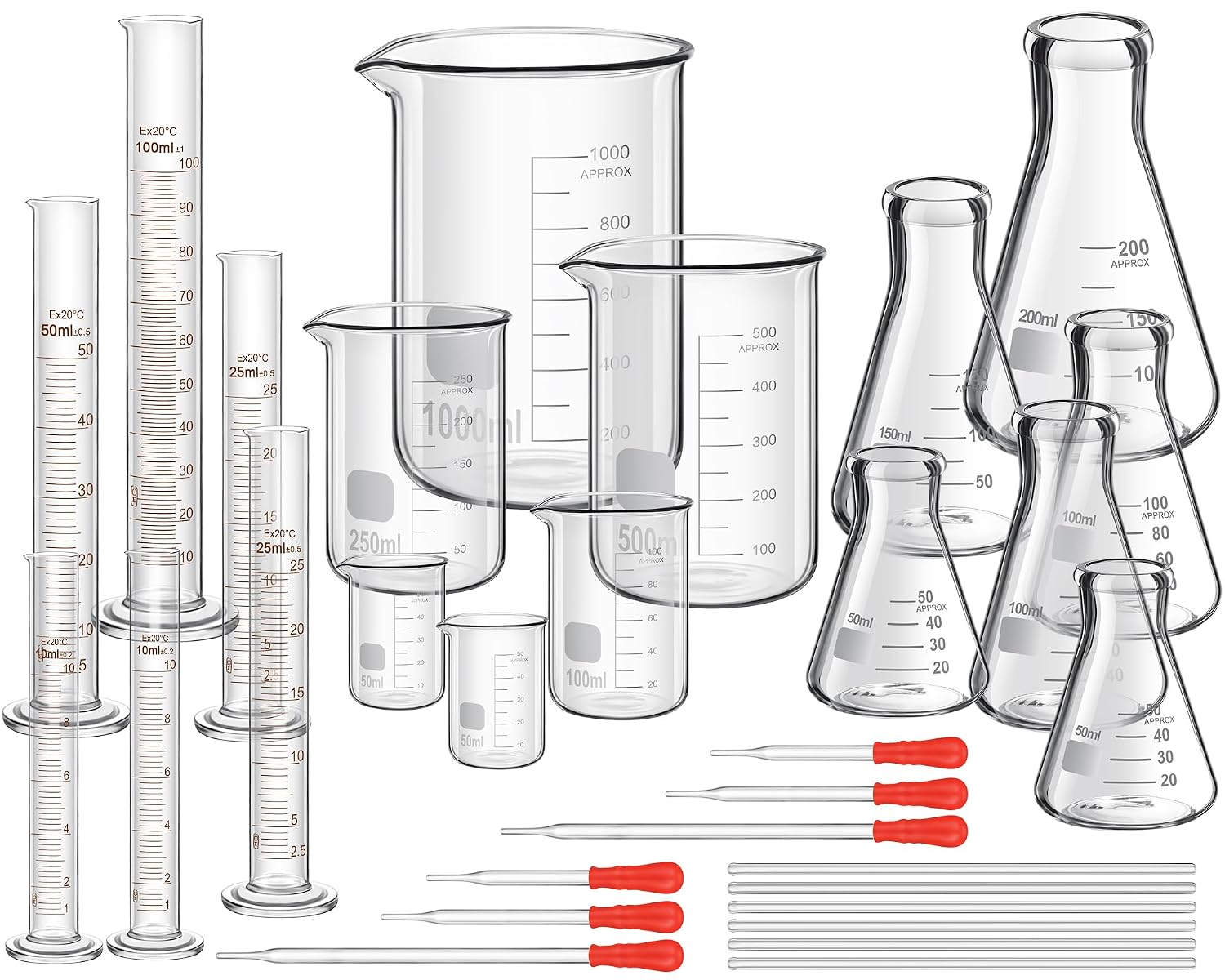 Frienda 30 Pcs 50/100/250/500/1000ml Glass Beaker Set, 3.3 Borosilicate Low Form Griffin Lab Glassware Include Graduated Cylinder, Beaker, Dropper, Stirring Rod, Measuring Cups for Lab Chemistry
