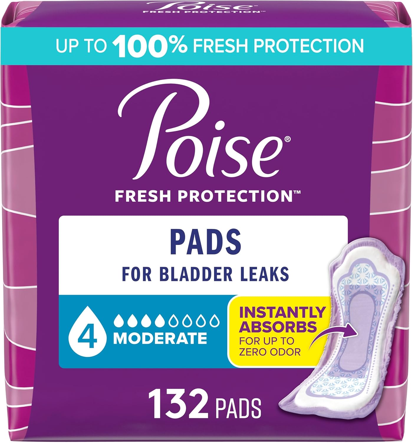 Poise Incontinence & Postpartum Pads for Bladder Leaks, 4 Drop Moderate Absorbency, Regular Length, 132 Count, Packaging May Vary