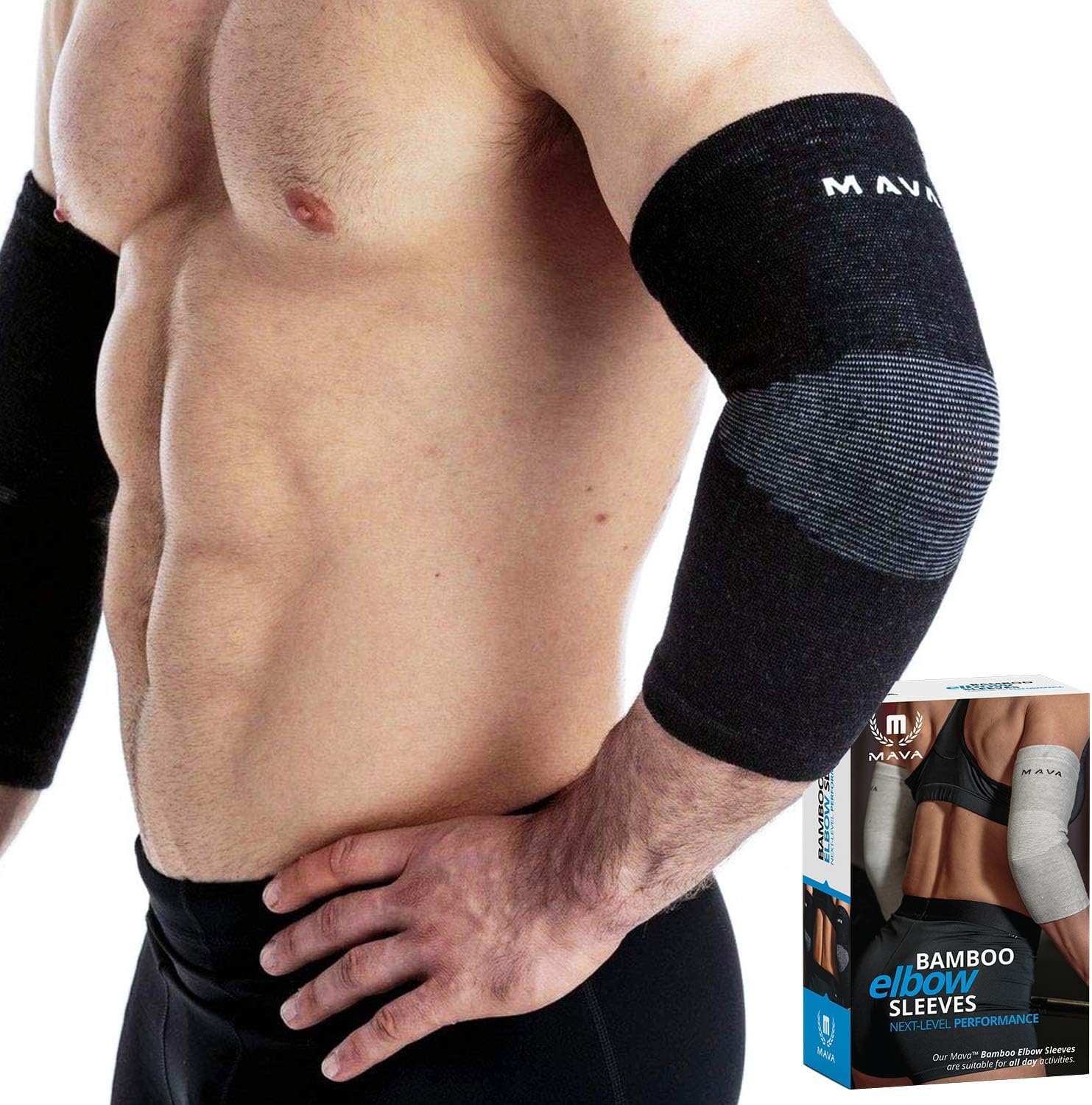 Mava Sports Elbow Sleeve Weightlifting Bamboo Elbow Brace Compression Support Sleeve for Tendonitis, Tennis, Golf Elbow Treatment - Reduce Elbow Joint Pain (Black, Large)