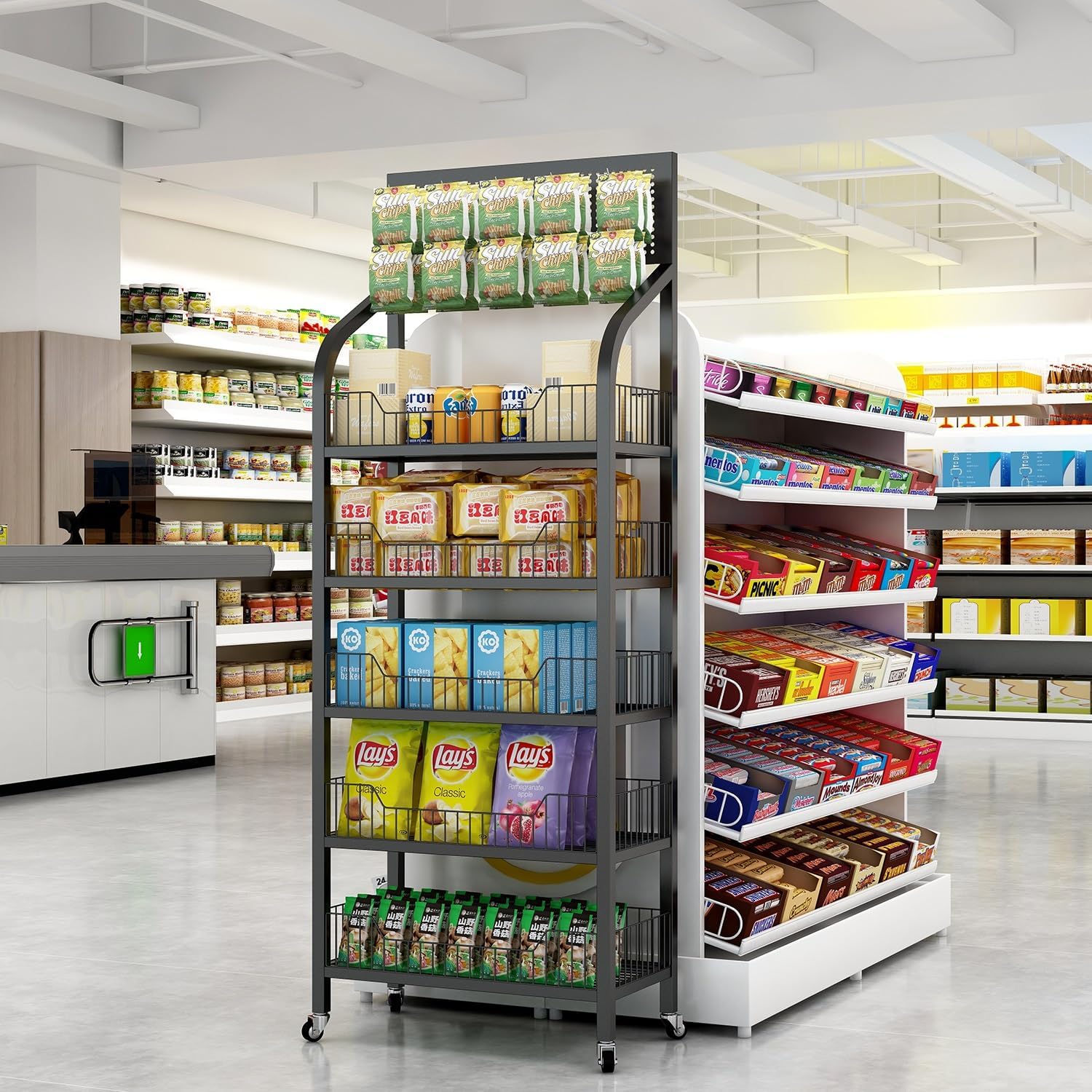 5 Tier Snack Rack Display Stand, Chip Rack Display Stand with Wheels | Metal Retail Display Shelves for Store, Supermarket Retail Display Shelves, Store Display and Candy Display (Black)