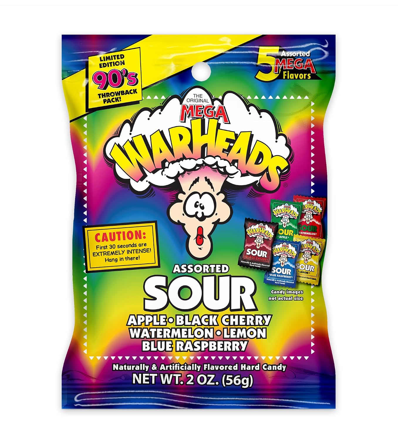 WARHEADS Extreme Sour Hard Candy Assorted Flavors 2 oz Portable Bag