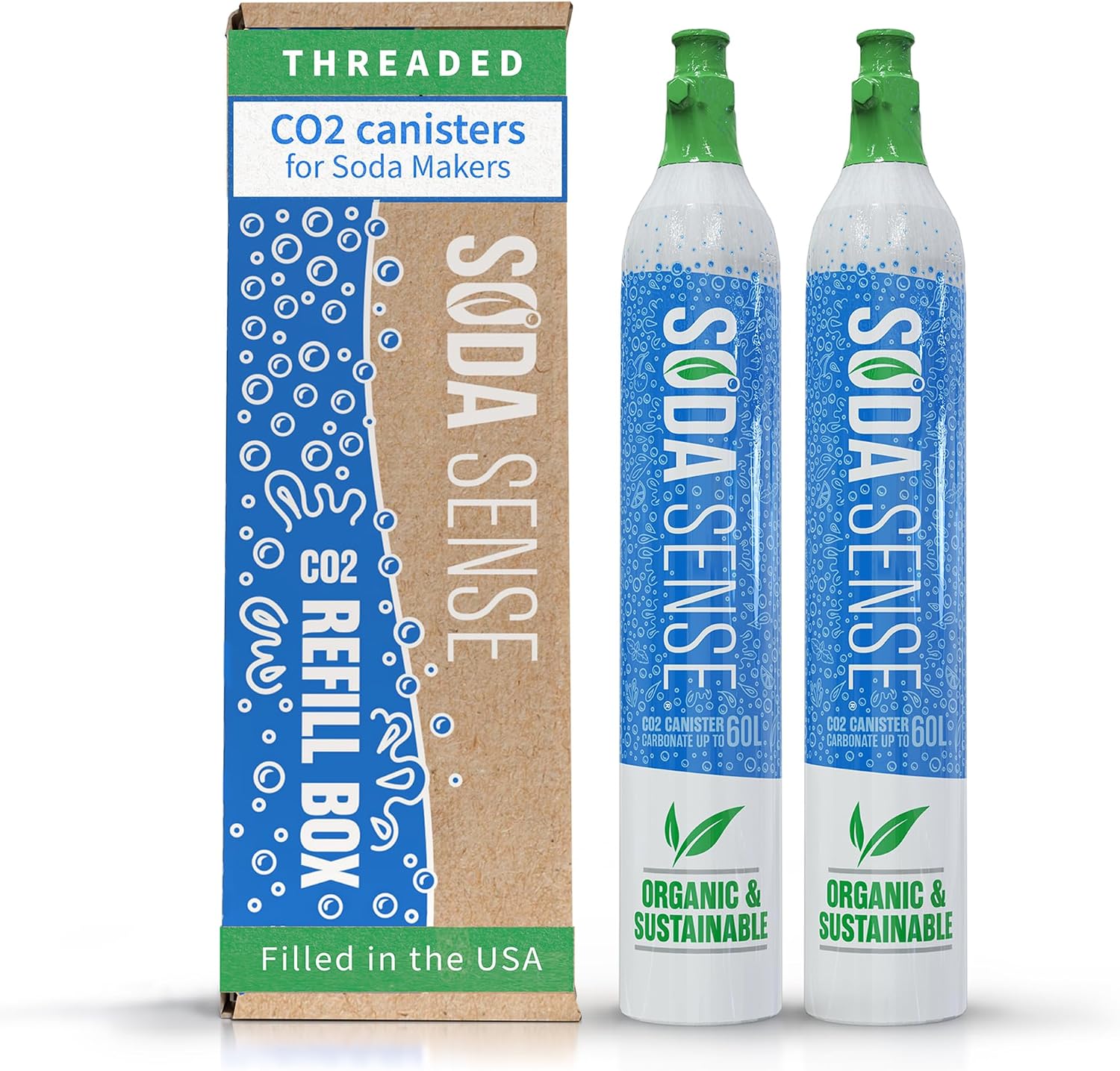 Soda Sense 60L CO2 Cylinders 2 Pack Pre-Filled Threaded Canisters Compatible with SodaStream BLUE Cylinder Models and Other Screw-In Soda Makers