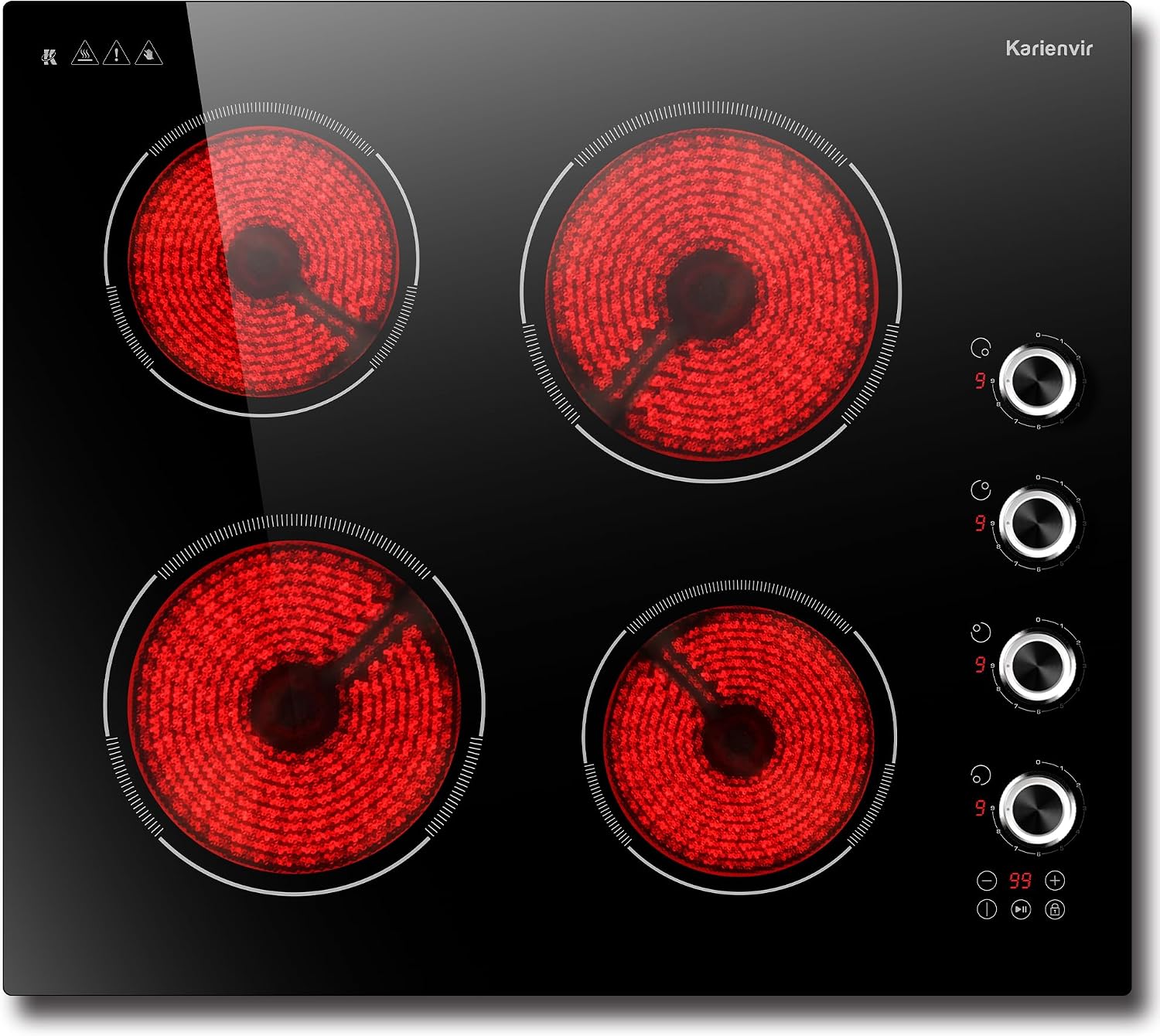 Karienvir Electric Hob 60cm 4 Zone,Ceramic Hob 6000W, Electric Ceramic Hob 220-240V Hardwired, Kitchen Hob 4 Burners with Safety Lock, Timer, Pause Function, Knob & Touch Control