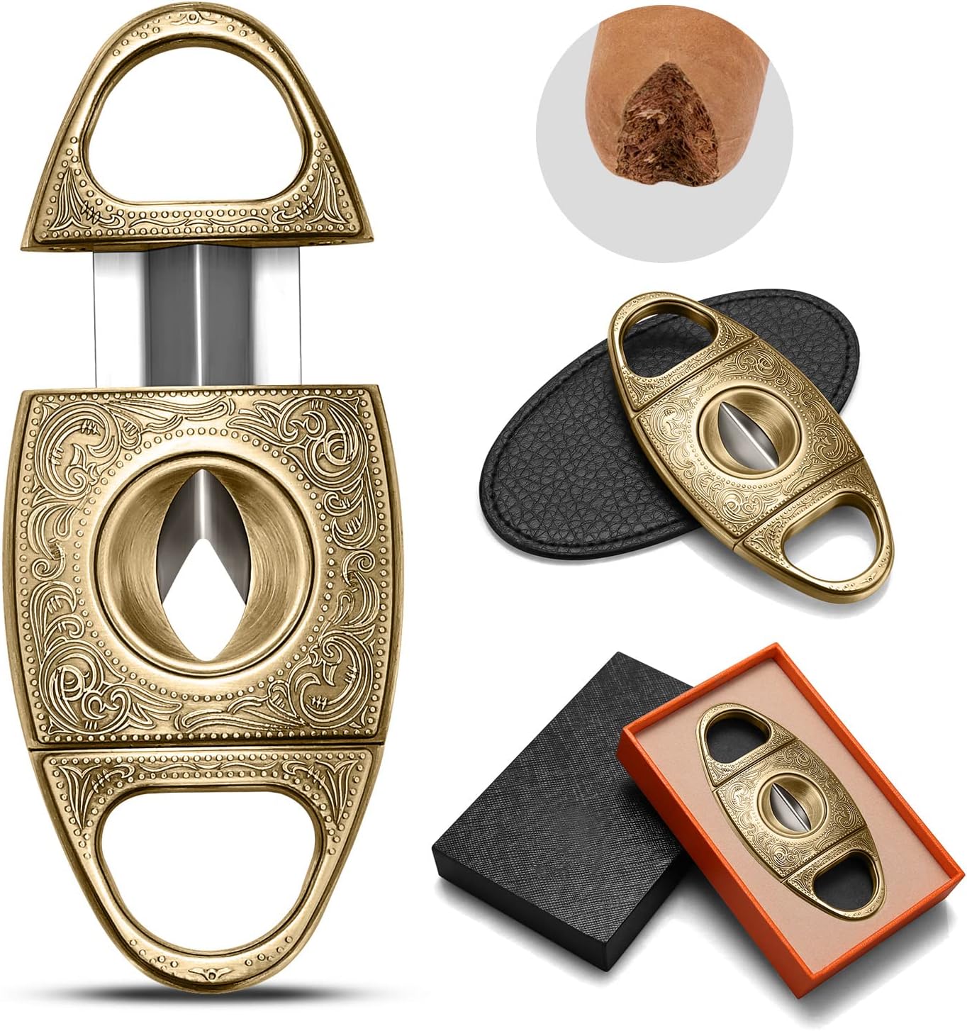 CIGARLOONG Cigar Cutter Gold Stainless Steel Bronze Engraved V Cut Blade Cigar Guillotine