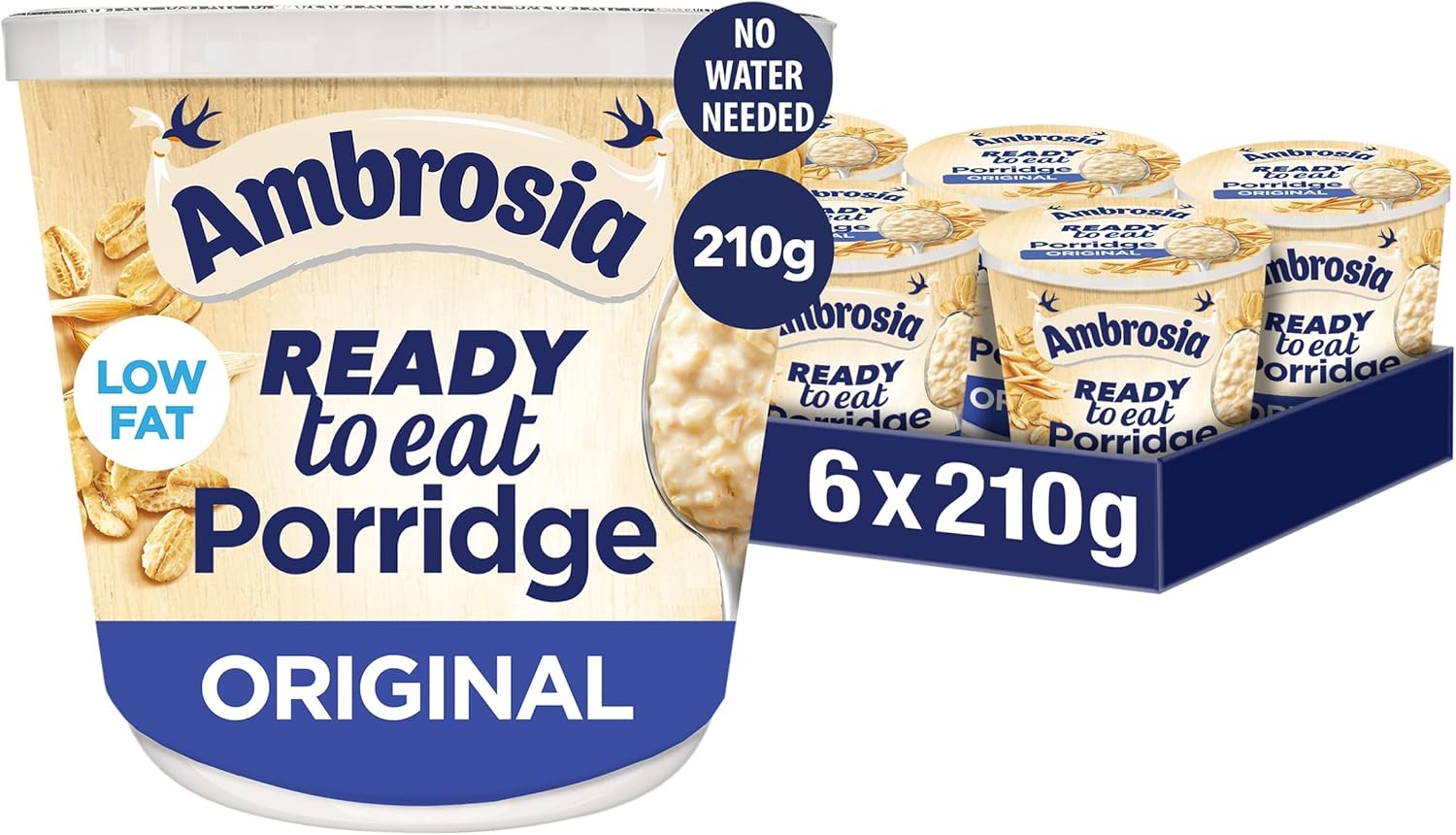Ambrosia Original Ready to Eat Porridge Pots With British Wholegrain Oats, 210 g (Pack of 6)