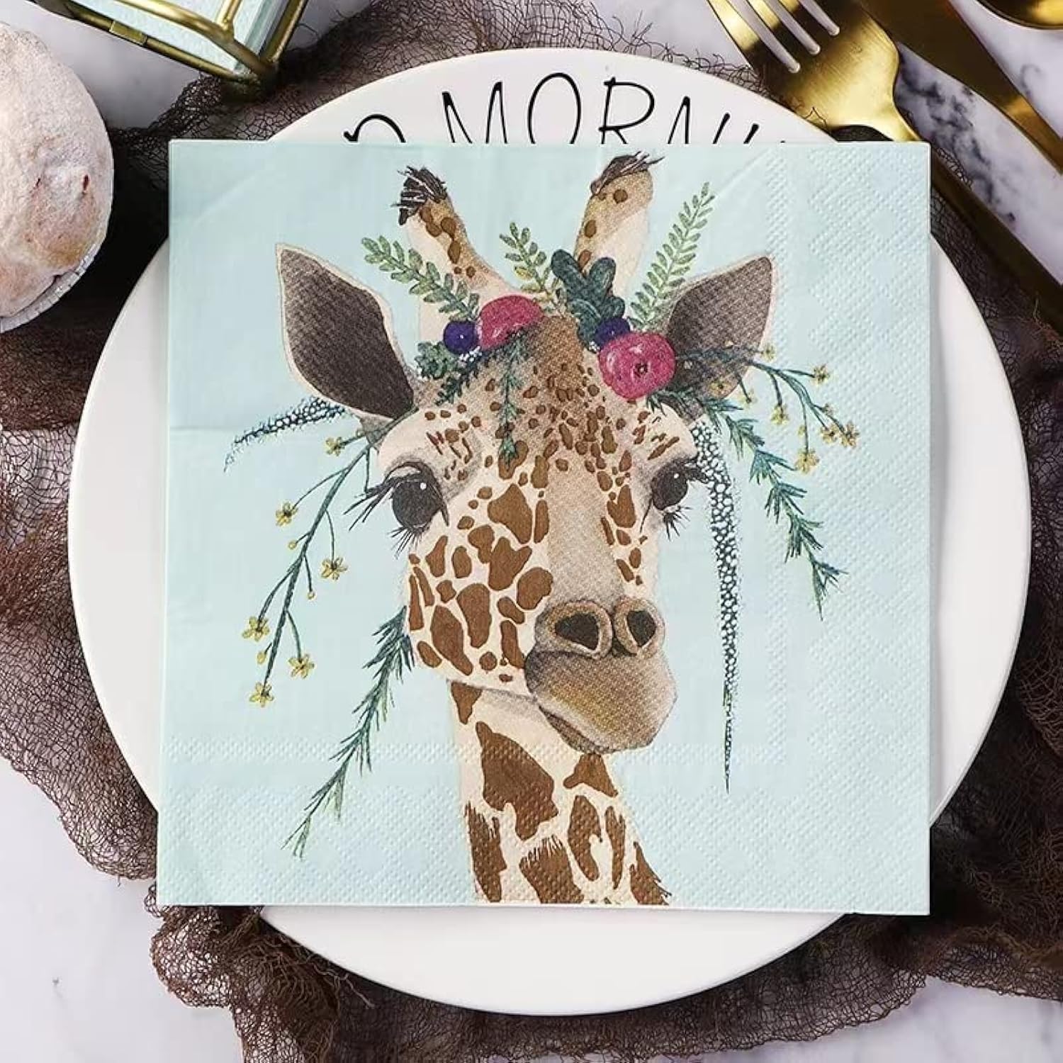 Paper Napkin Cute Animal Dinner Napkins Spring Summer Fall Tea Party Holiday Festival Cocktail Beverage Floral Decorative Paper Disposable Placemat (3-Ply, 50-Count) (Giraffe)