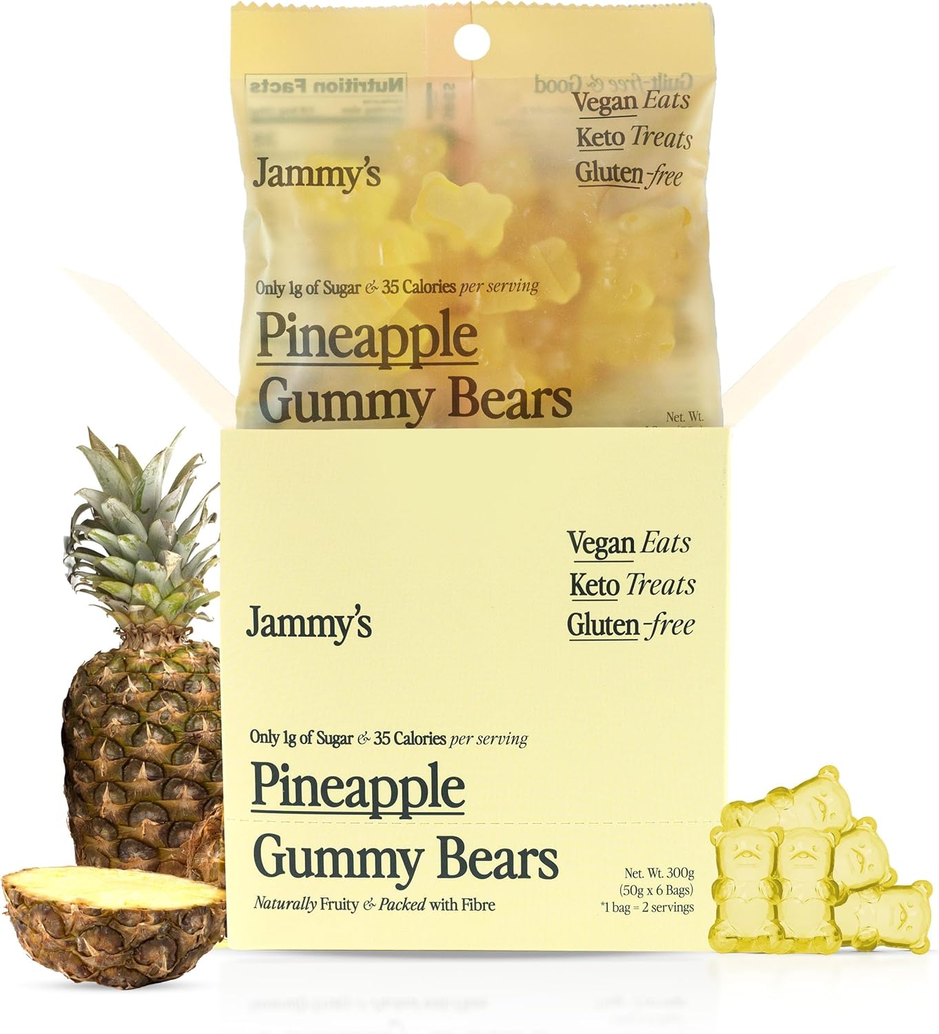 Jammy's™ - Pineapple Gummy Bears | Sugar-Free & Vegan-Friendly | Keto-Friendly, Gluten-Free, Low Carb, High Fibre & Naturally Fruity | Delicious, Soft & Chewy | Box of 6 x 50g Bags
